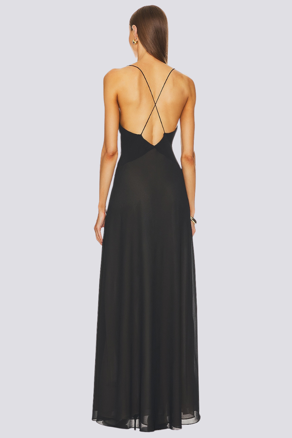 Spaghetti Strap Deep V-Neck Floral Rosette Waist Chiffon Maxi Gown