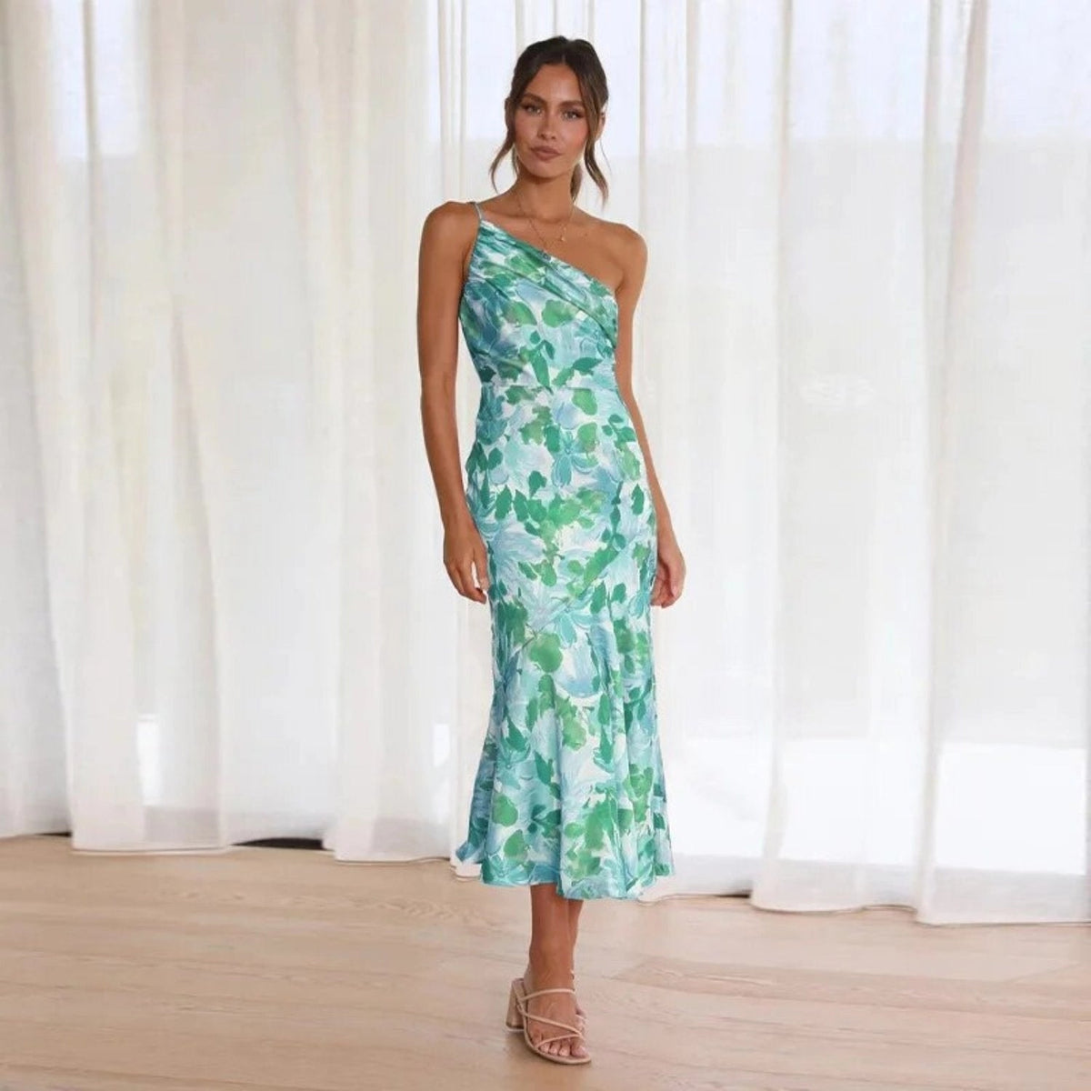 Floral Print One Shoulder Ruched Satin Mermaid Midi Dress