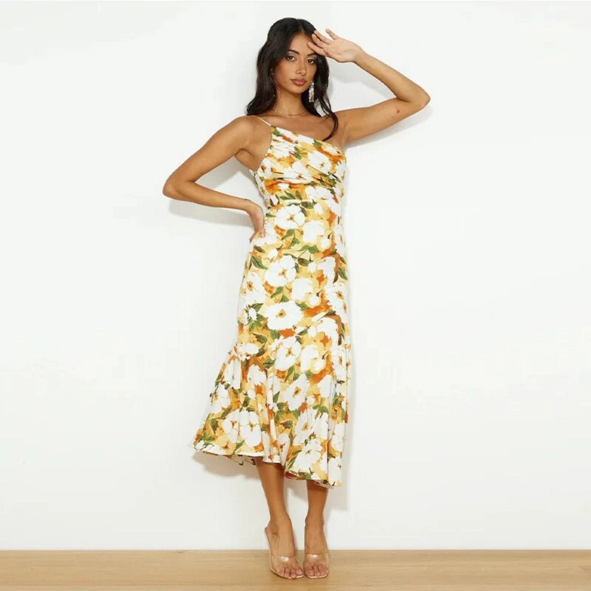 Floral Print One Shoulder Ruched Satin Mermaid Midi Dress