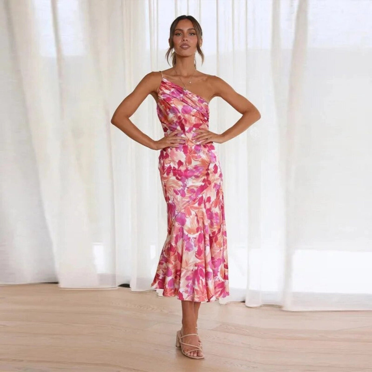 Floral Print One Shoulder Ruched Satin Mermaid Midi Dress