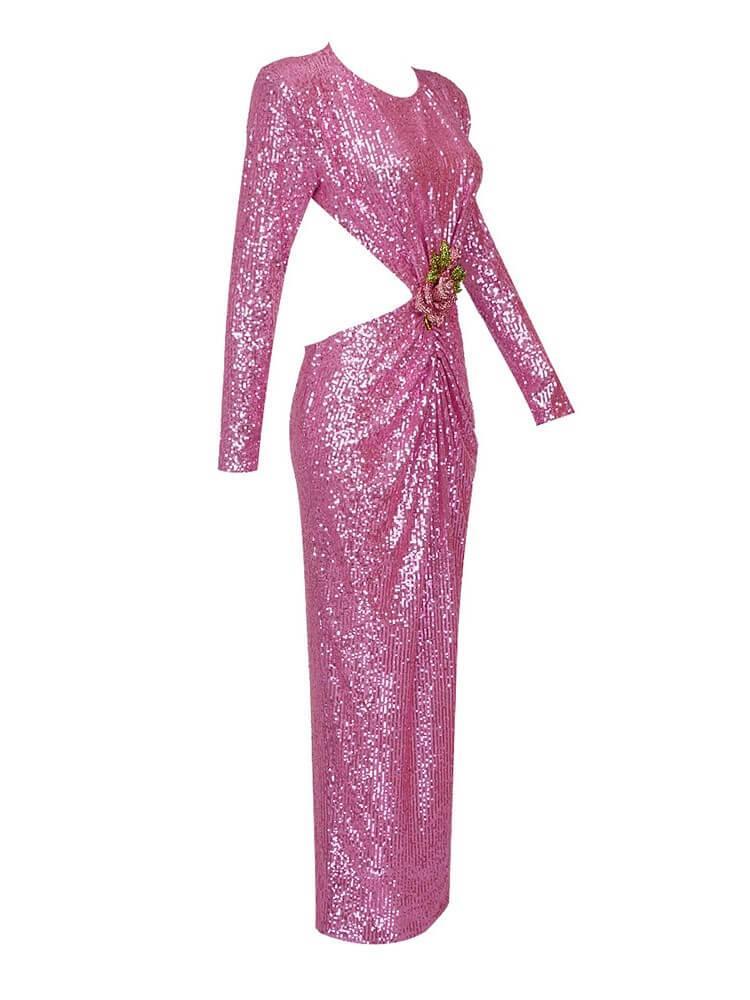 Sequin Long Sleeve Rosette Cut Out Bodycon Maxi Gown