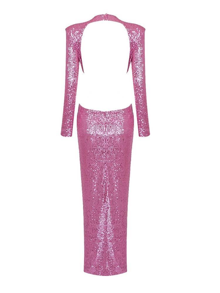 Sequin Long Sleeve Rosette Cut Out Bodycon Maxi Gown