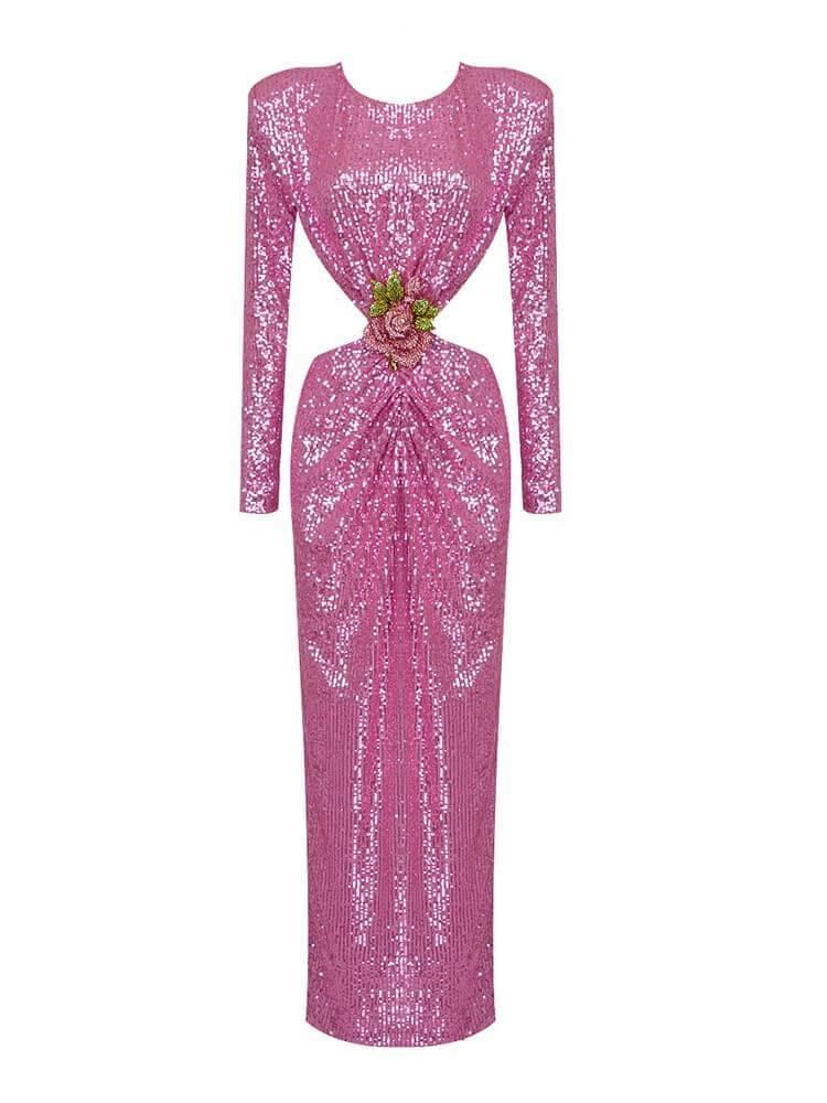 Sequin Long Sleeve Rosette Cut Out Bodycon Maxi Gown