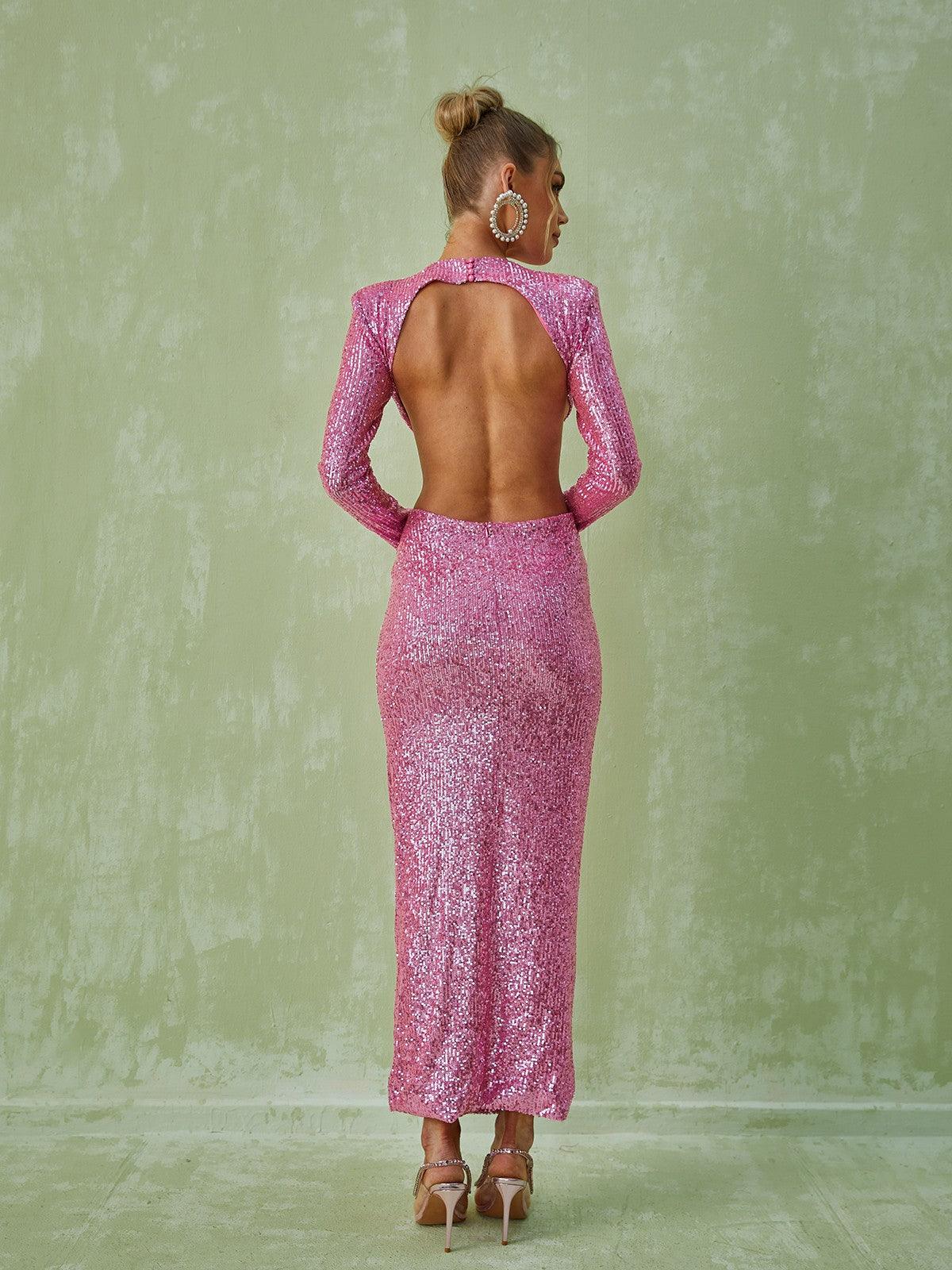 Sequin Long Sleeve Rosette Cut Out Bodycon Maxi Gown