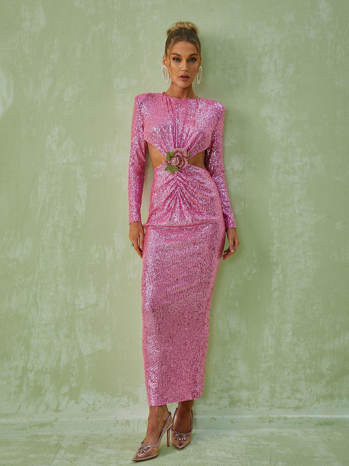 Sequin Long Sleeve Rosette Cut Out Bodycon Maxi Gown