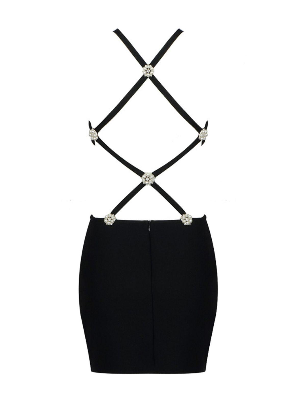 Bandage Pearl Flower Accent Criss Cross Strap Backless Mini Dress