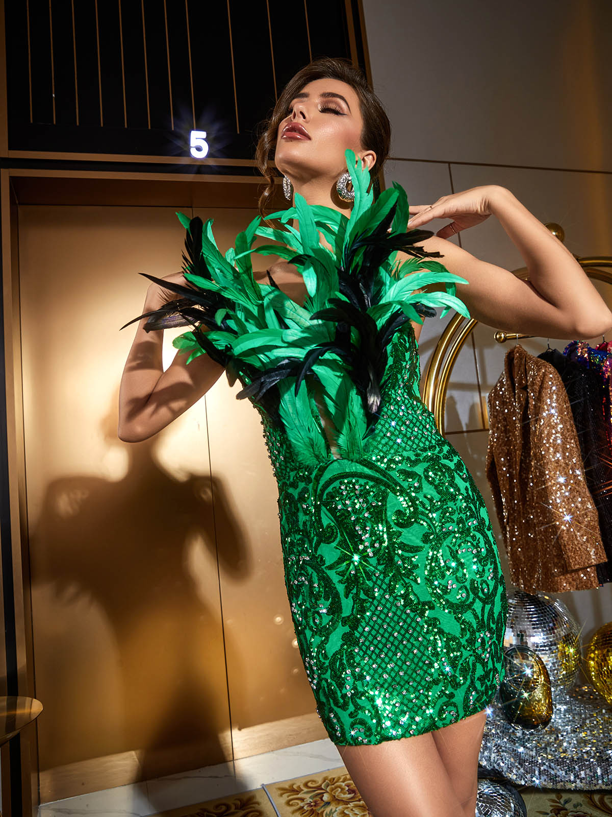 Sequin V-Neck Sleeveless Feather Bodycon Mini Dress