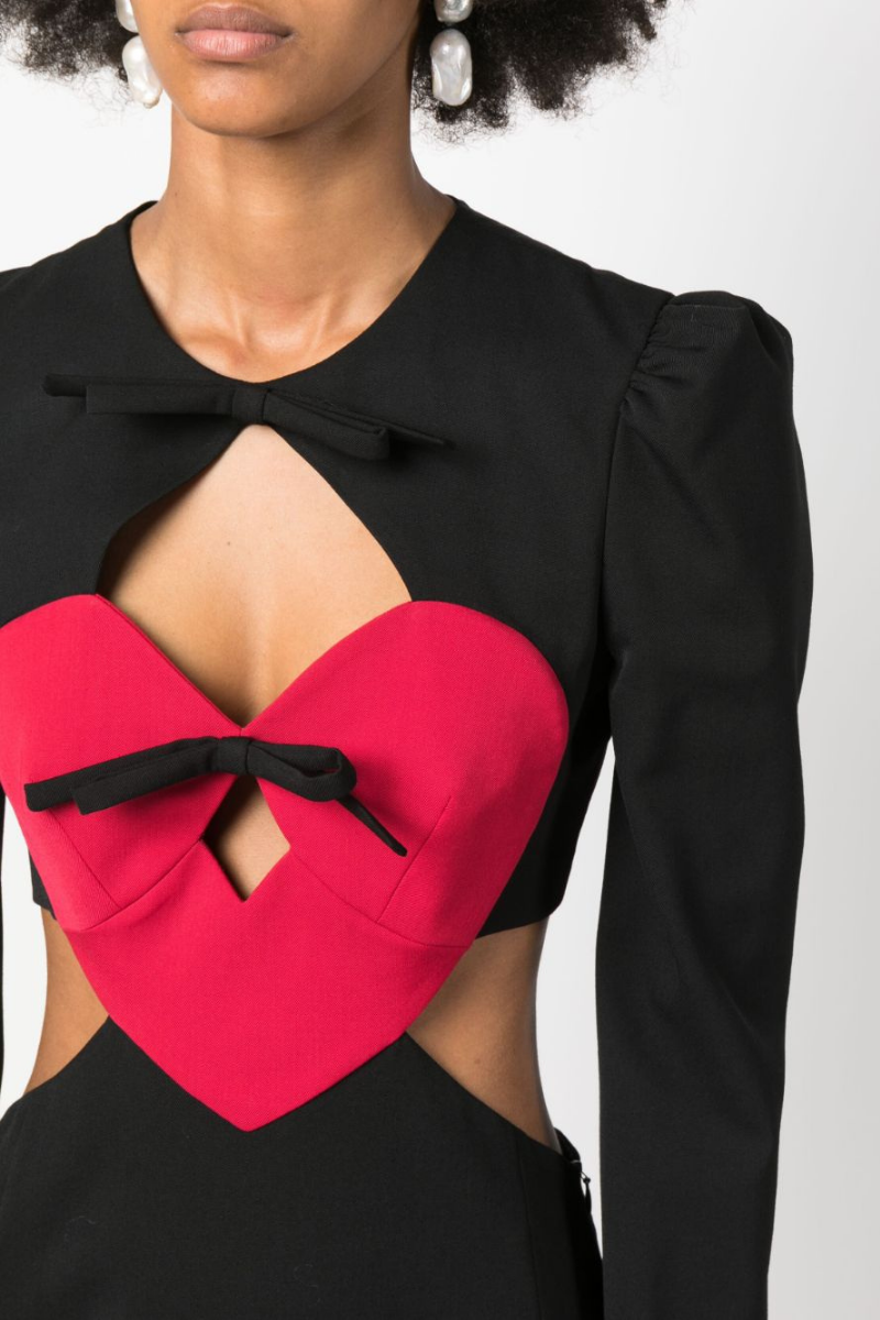 Bow Neck Heart Patch Waist Cut Out Long Sleeve Puff Shoulder Mini Dress