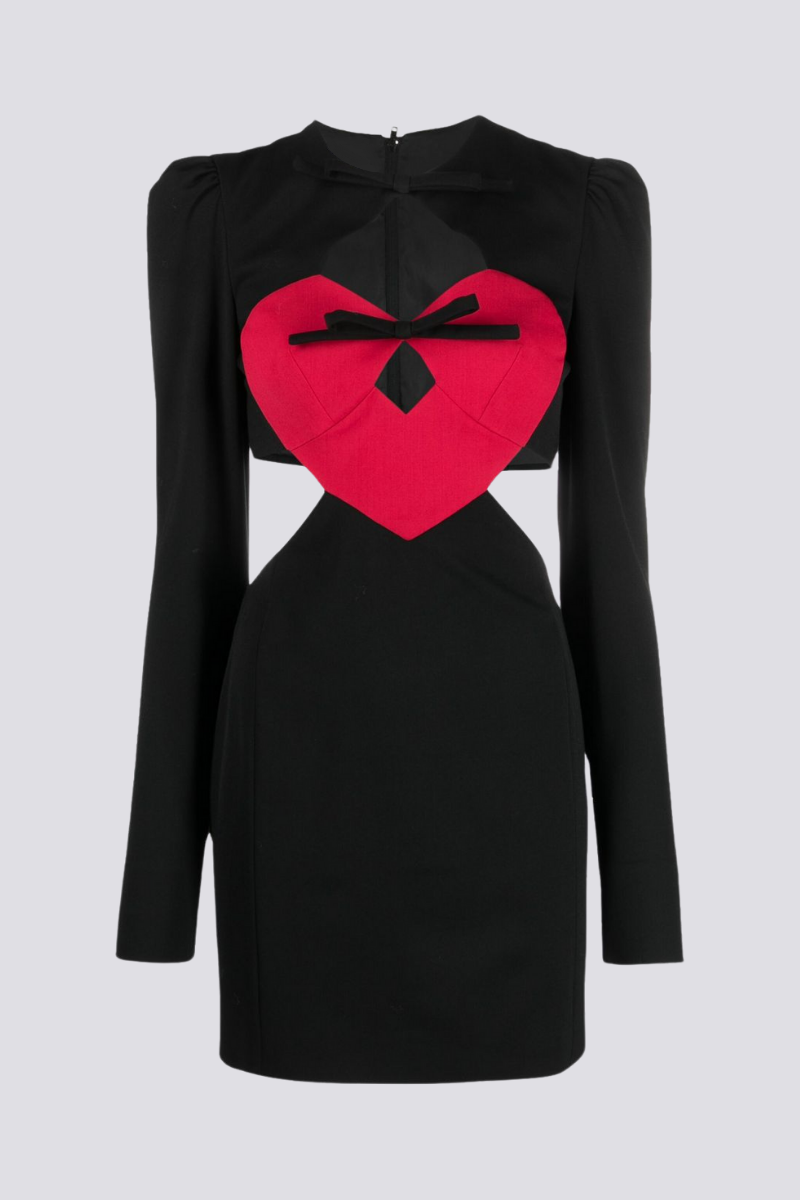 Bow Neck Heart Patch Waist Cut Out Long Sleeve Puff Shoulder Mini Dress