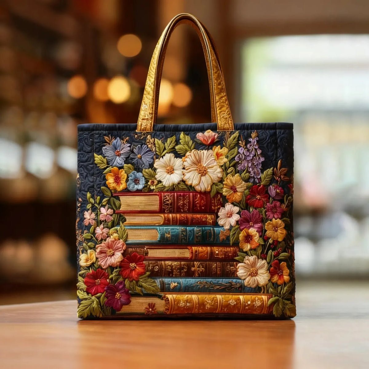 Floral Stacked Books Print Quilted Tote Bag