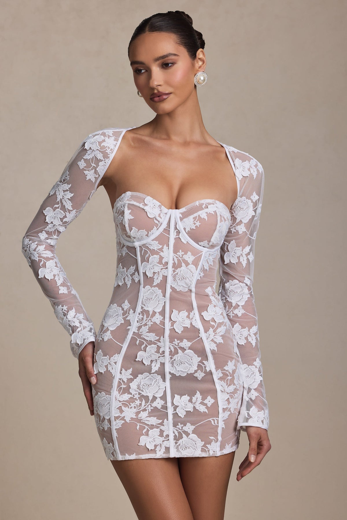 Floral Embroidered Sheer Mesh Bolero Sleeve Corset Bodycon Mini Dress 7