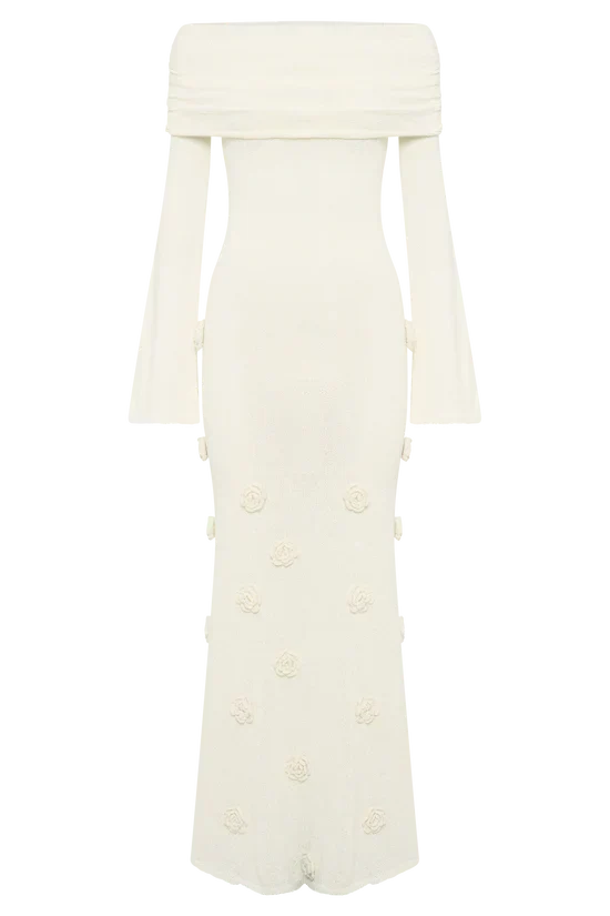 Off Shoulder Long Sleeve Knit Rosette Applique Maxi Dress 9