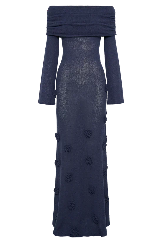 Off Shoulder Long Sleeve Knit Rosette Applique Maxi Dress 17