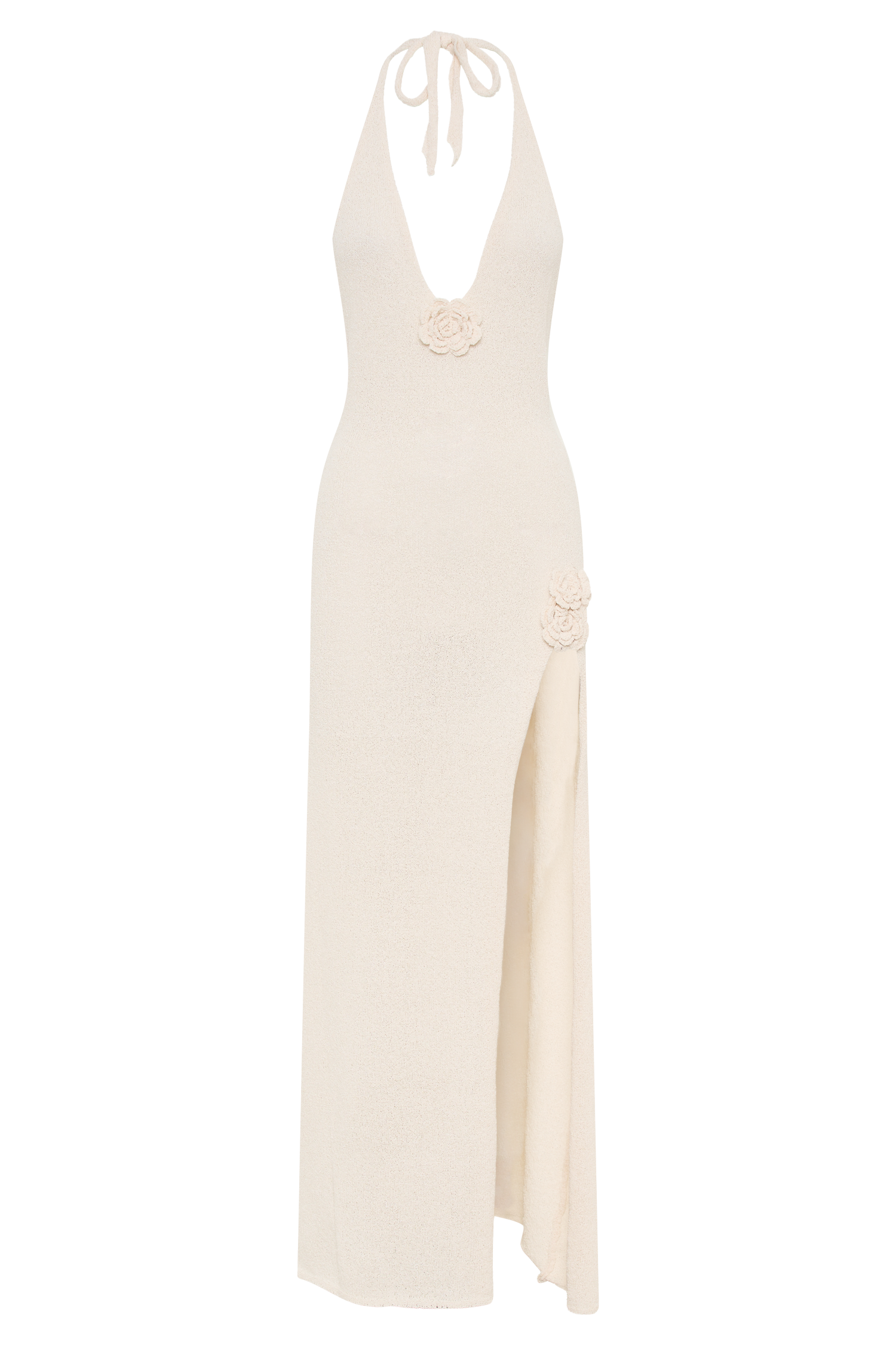 Knit Halter Neck Deep V-Neck Floral Applique High Split Maxi Dress