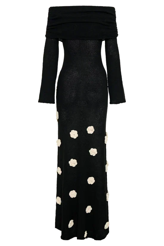 Off Shoulder Long Sleeve Knit Rosette Applique Maxi Dress 23
