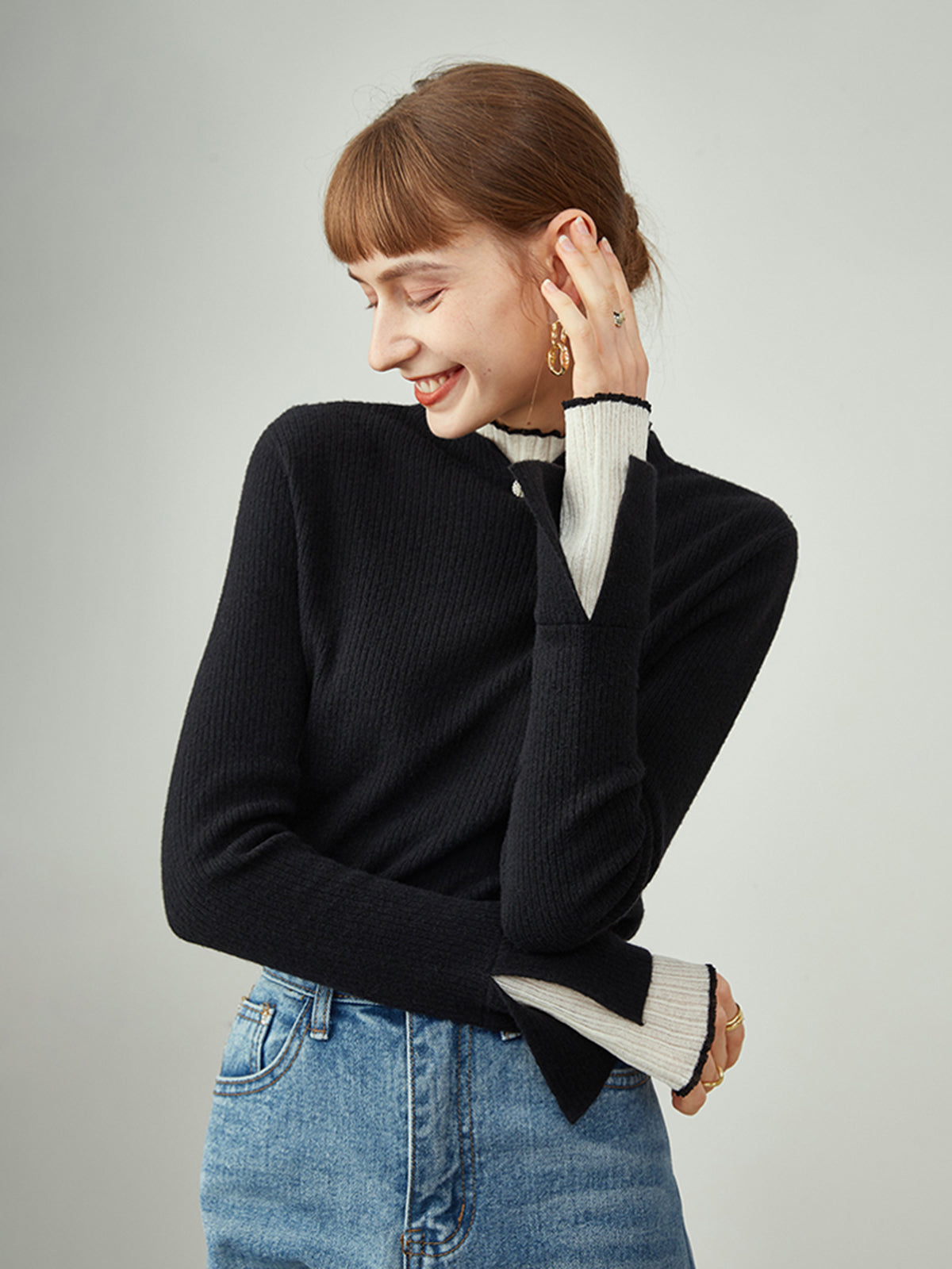 Contrast Lettuce Trim Mock Neck Long Sleeve Ribbed Knit Sweater 2