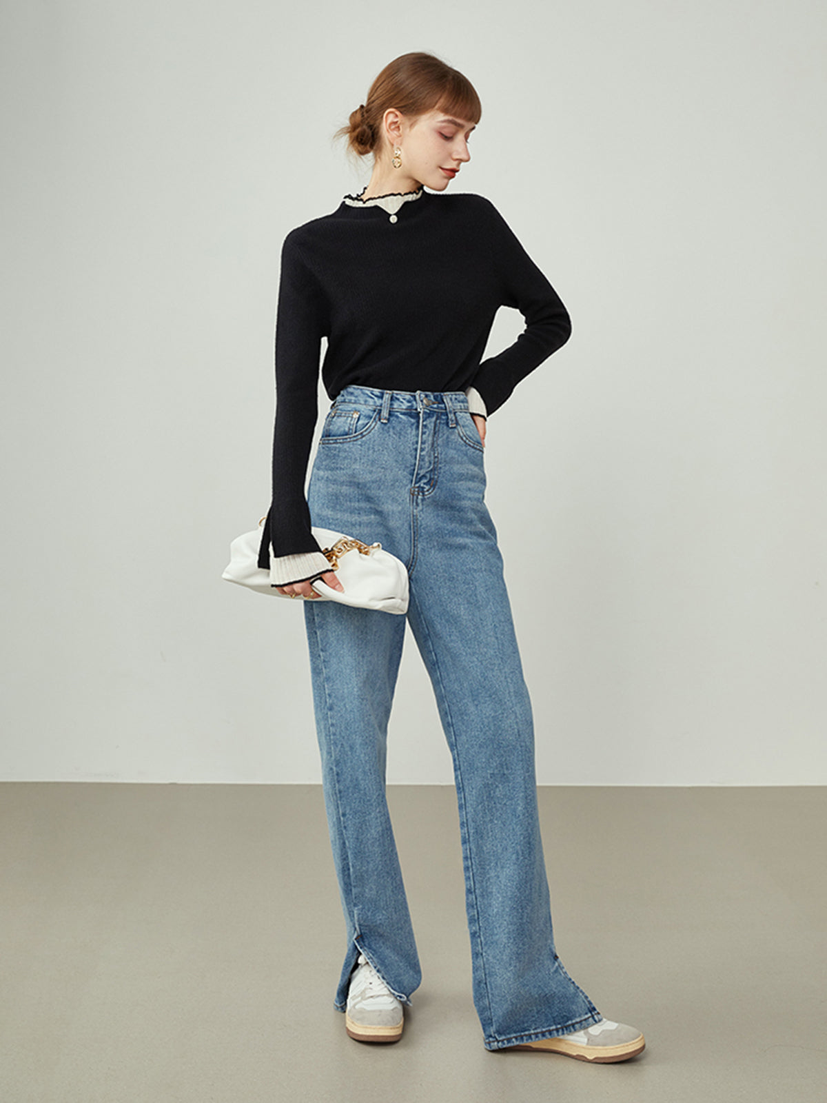 Contrast Lettuce Trim Mock Neck Long Sleeve Ribbed Knit Sweater 4