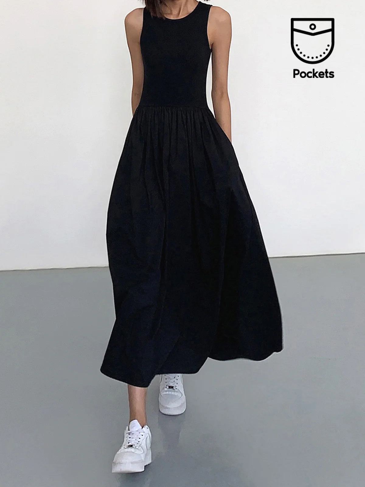 Crew Neck Sleeveless Pocket A-Line Maxi Dress