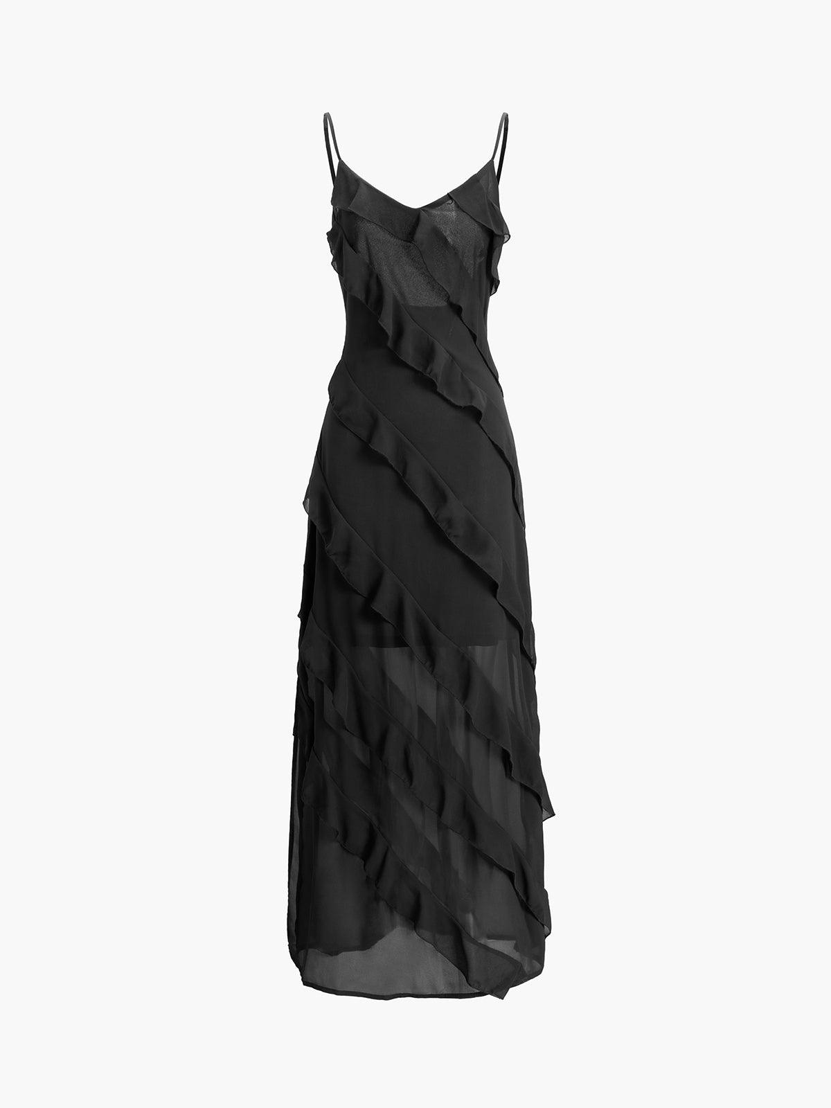 Spaghetti Strap Deep V-Neck Diagonal Tiered Ruffle Maxi Gown