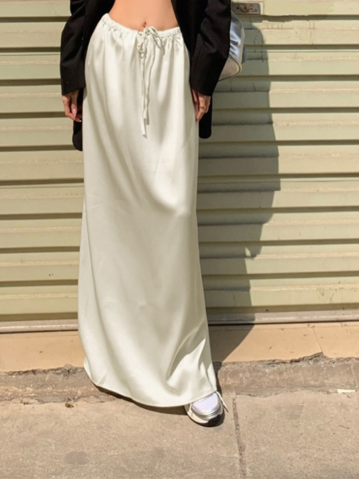 Drawstring Low Waist Satin Column Maxi Skirt