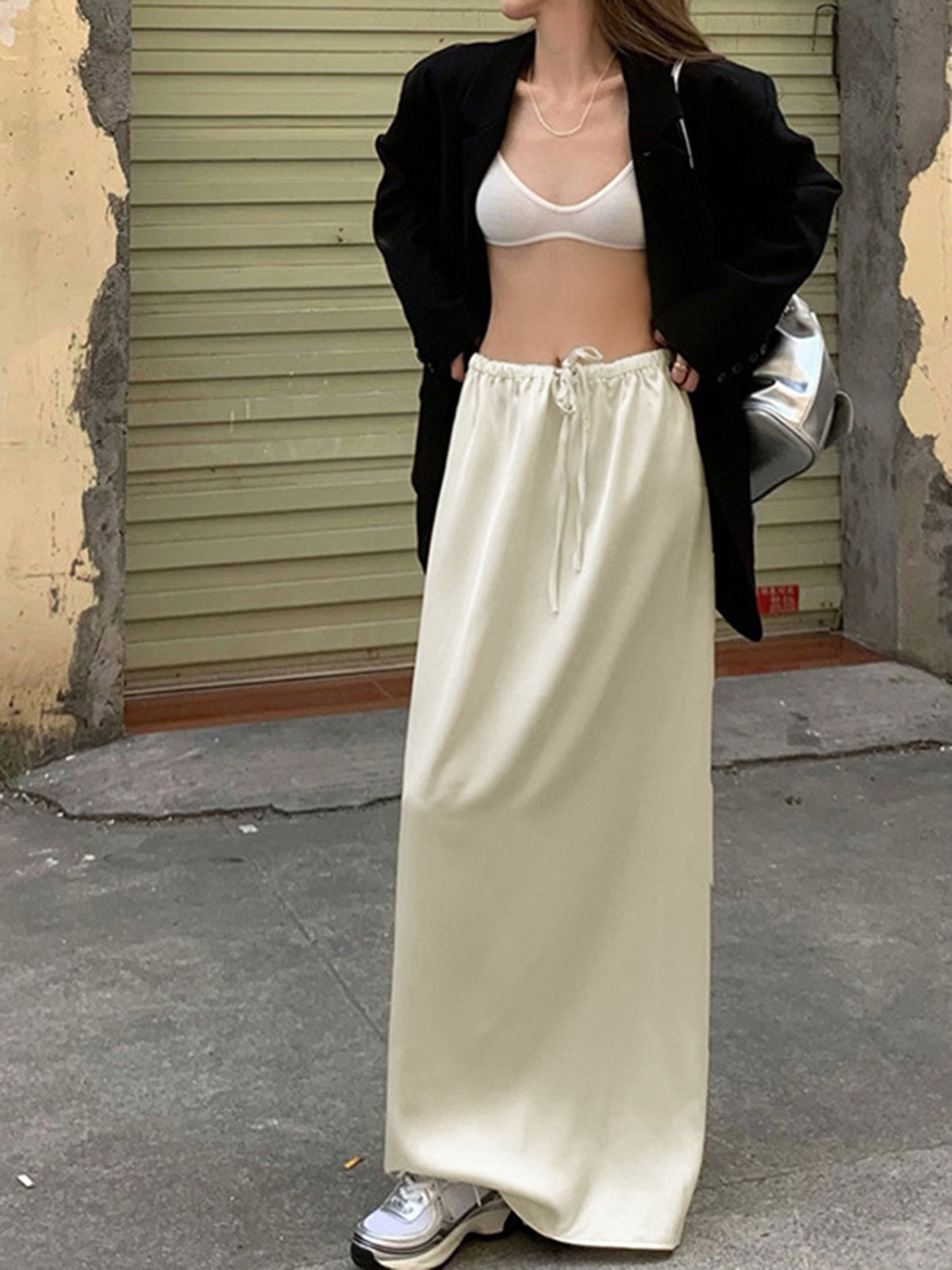 Drawstring Low Waist Satin Column Maxi Skirt 5