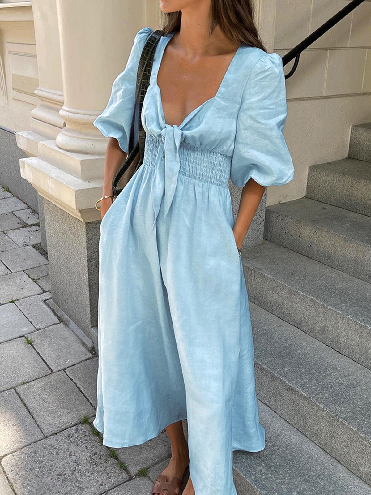 Linen Cotton Front Tie Midi Dress Blue