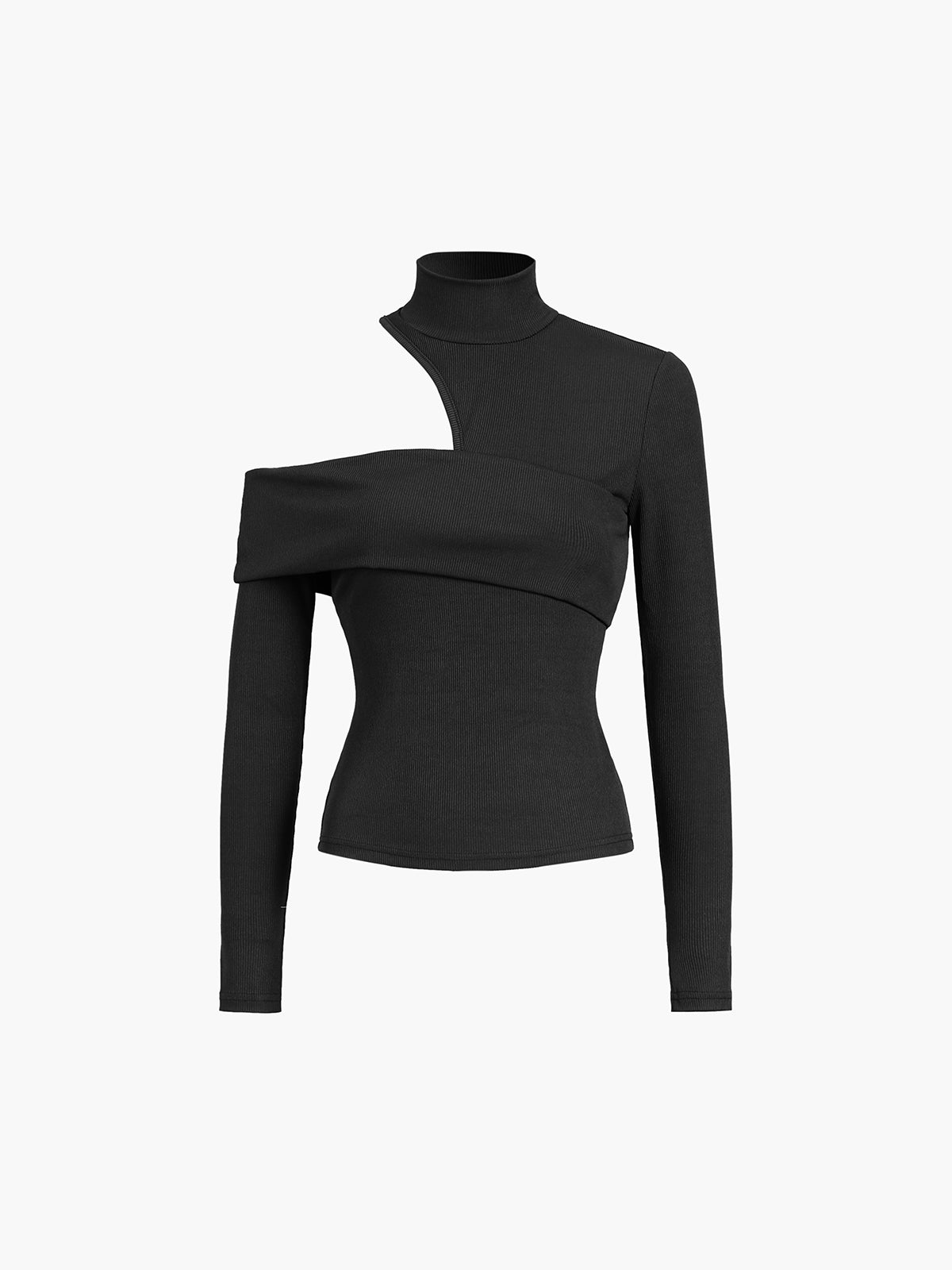 Asymmetric Wrap Turtleneck Long Sleeve Ribbed Knit Top