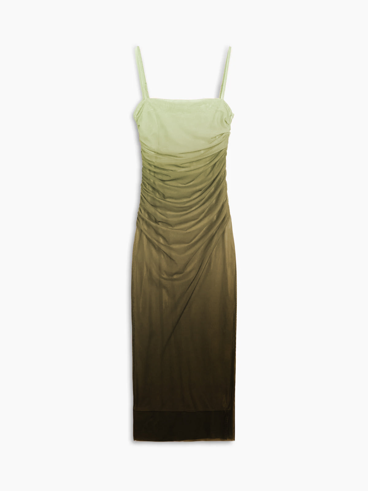 Mesh Square Neck Spaghetti Strap Ruched Zip Front Bodycon Midi Dress