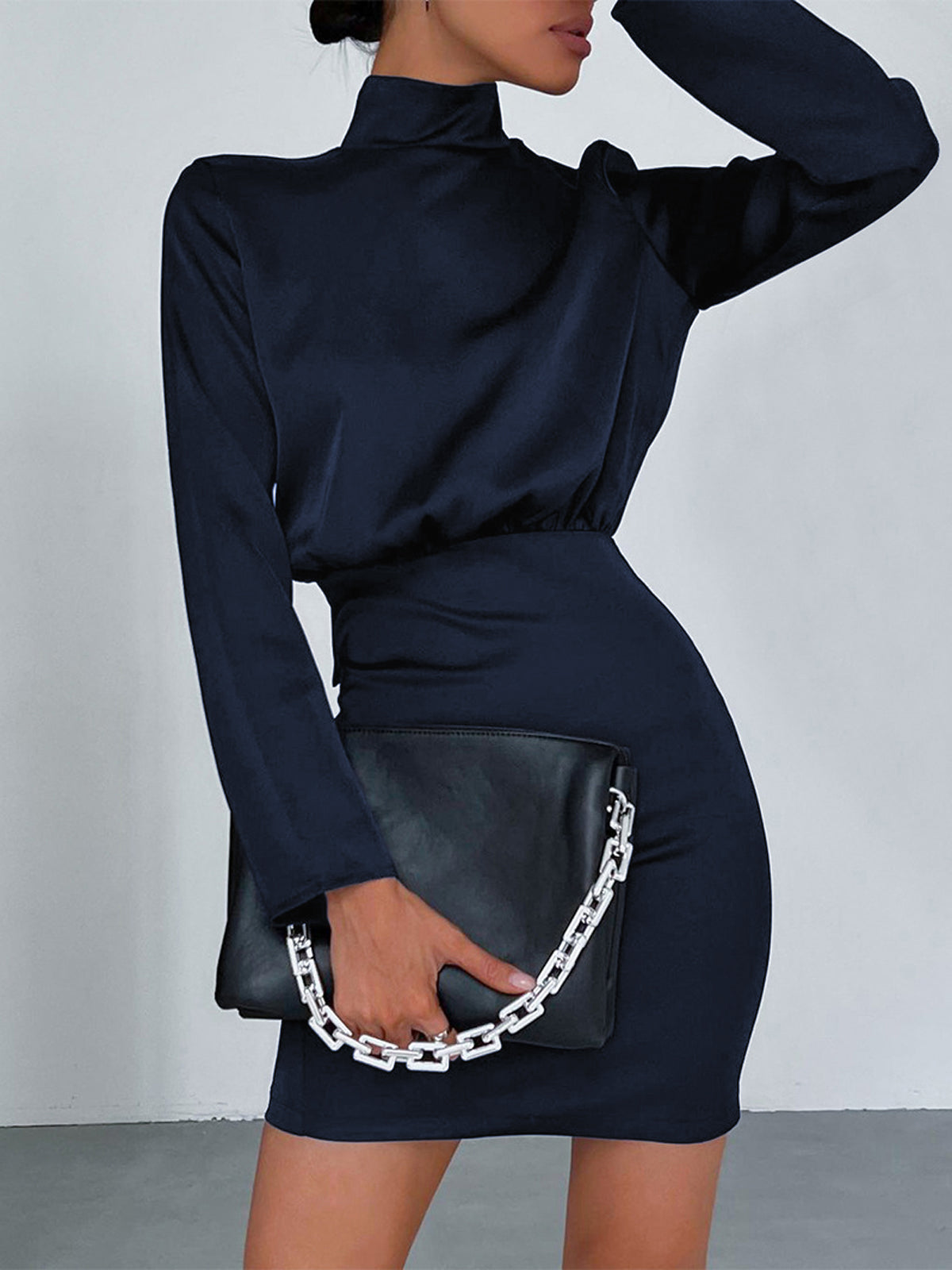 Satin Mock Neck Long Sleeve Bow Tie Back Open Back Mini Dress