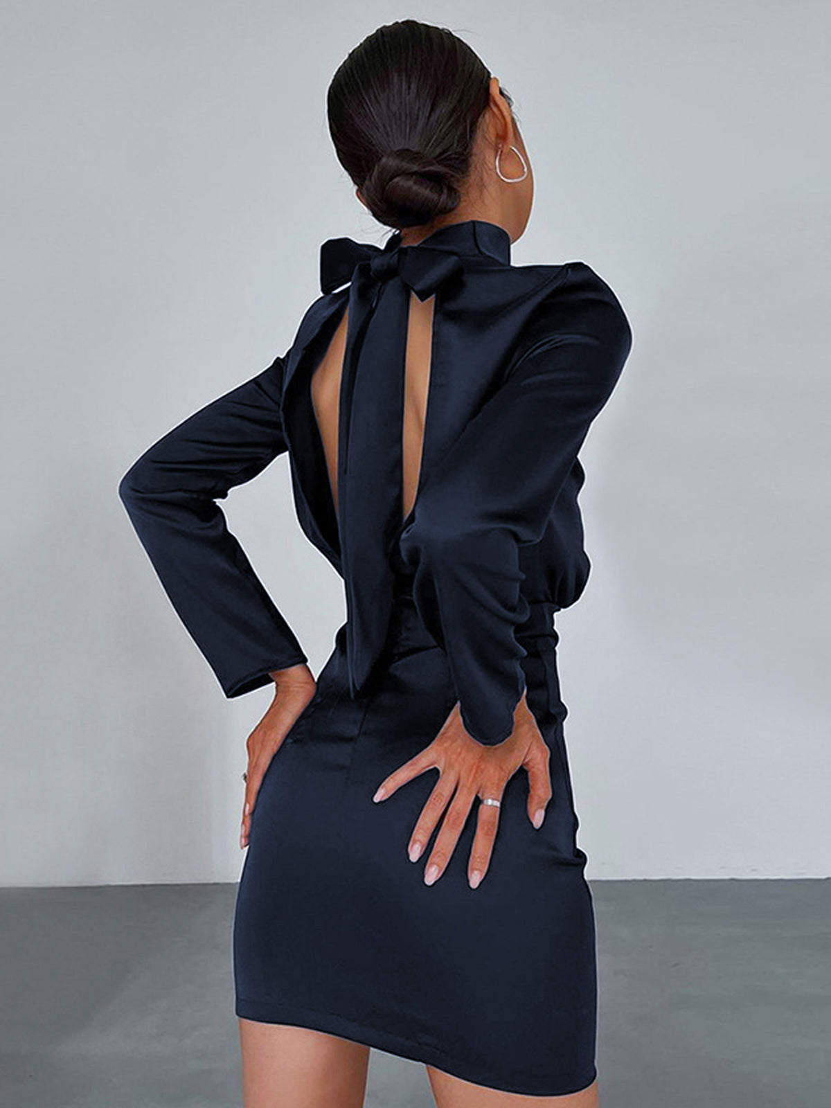 Satin Mock Neck Long Sleeve Bow Tie Back Open Back Mini Dress