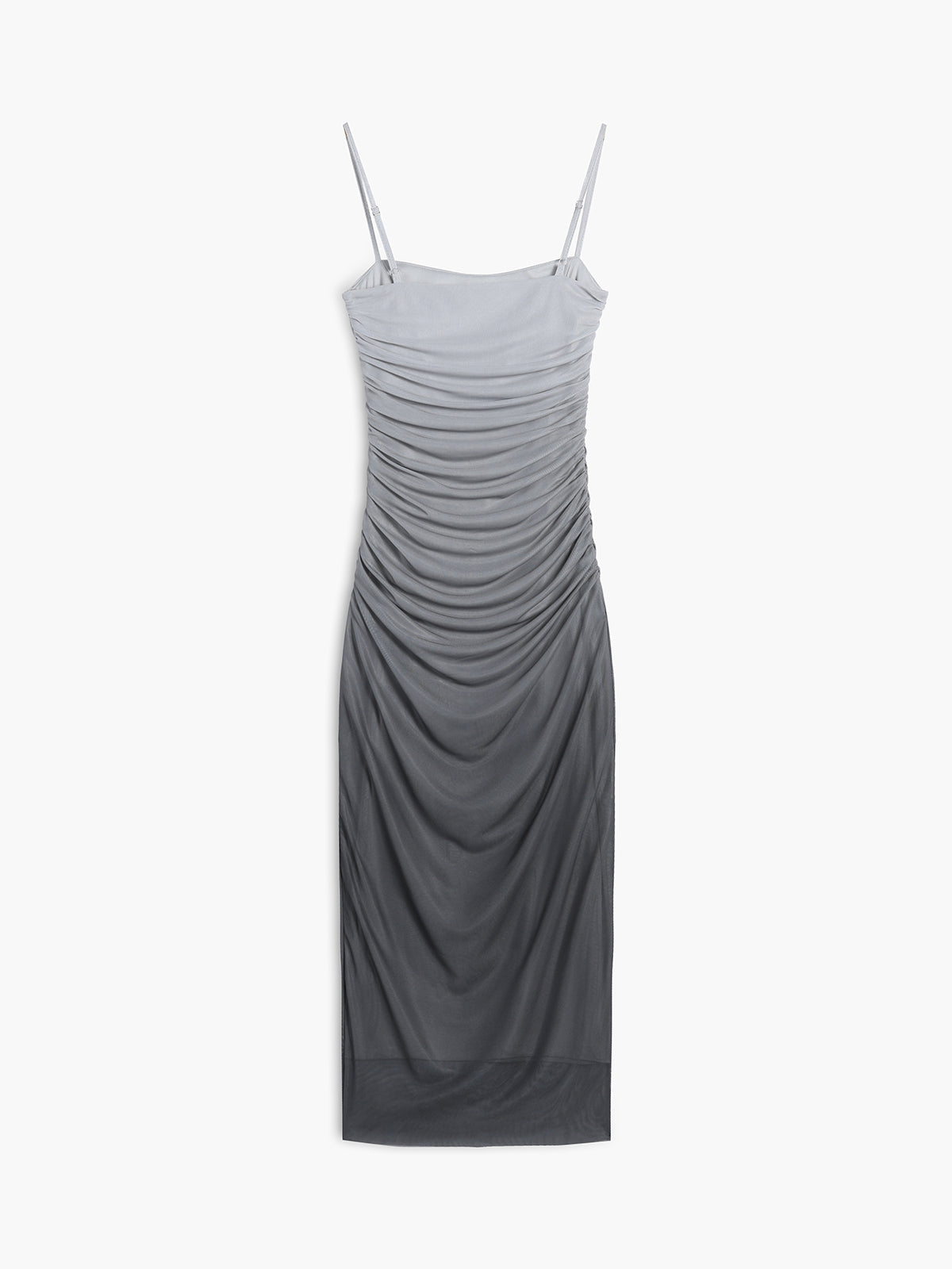 Mesh Square Neck Spaghetti Strap Ruched Zip Front Bodycon Midi Dress
