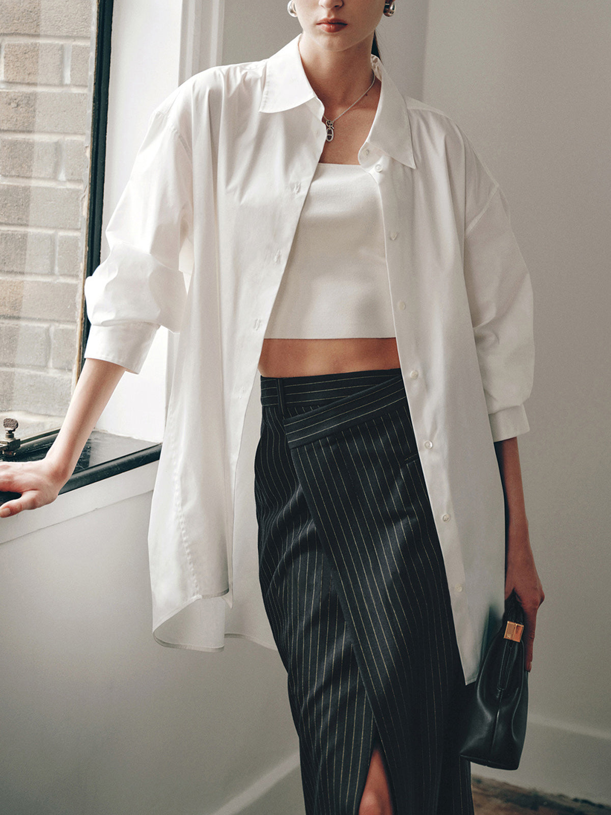 Oversized Collared Button Down Long Sleeve Longline Shirt