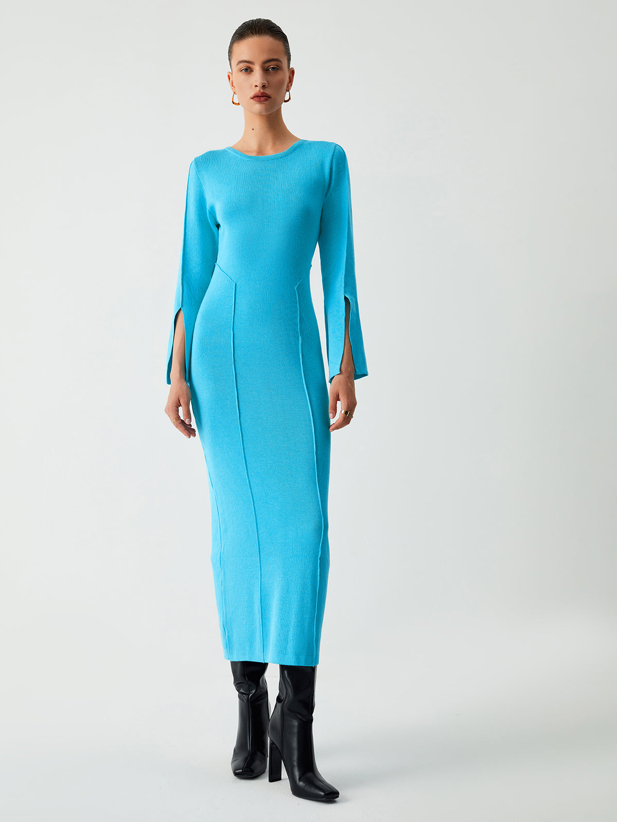 Round Neck Split Long Sleeve Seam Detail Knit Maxi Sweater Dress 2