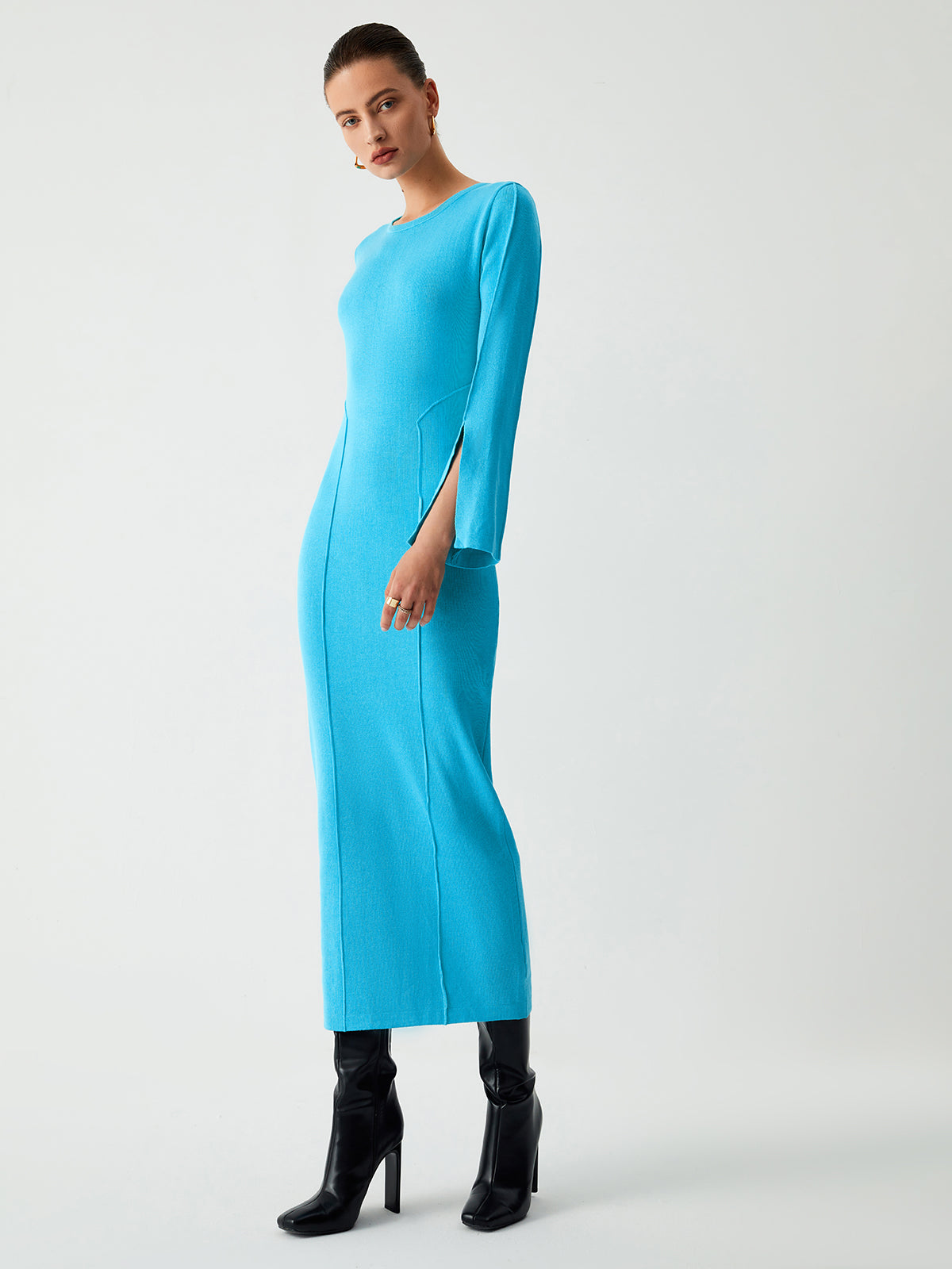 Round Neck Split Long Sleeve Seam Detail Knit Maxi Sweater Dress 3