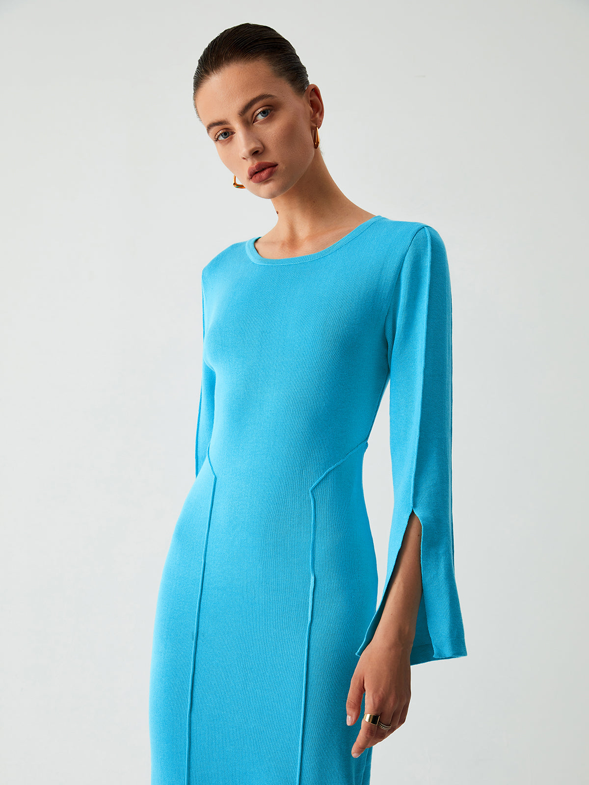 Round Neck Split Long Sleeve Seam Detail Knit Maxi Sweater Dress 5