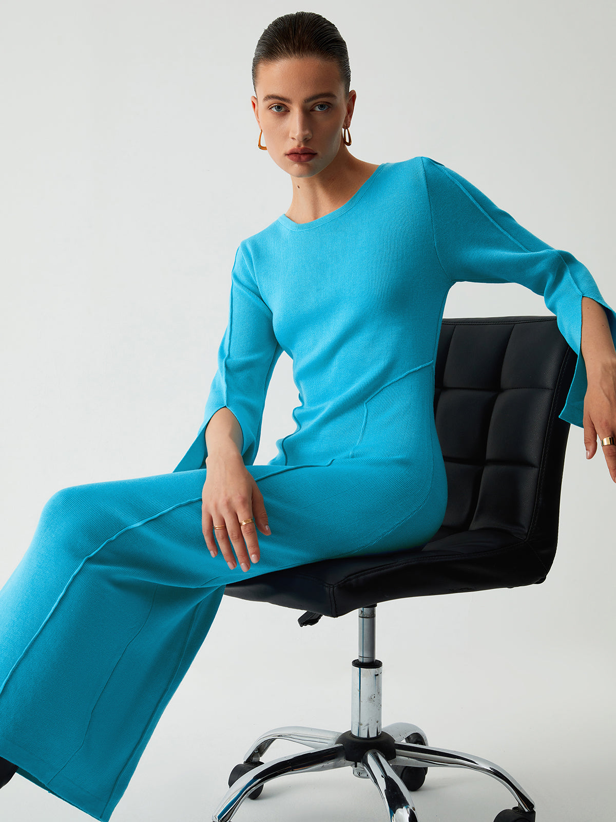 Round Neck Split Long Sleeve Seam Detail Knit Maxi Sweater Dress