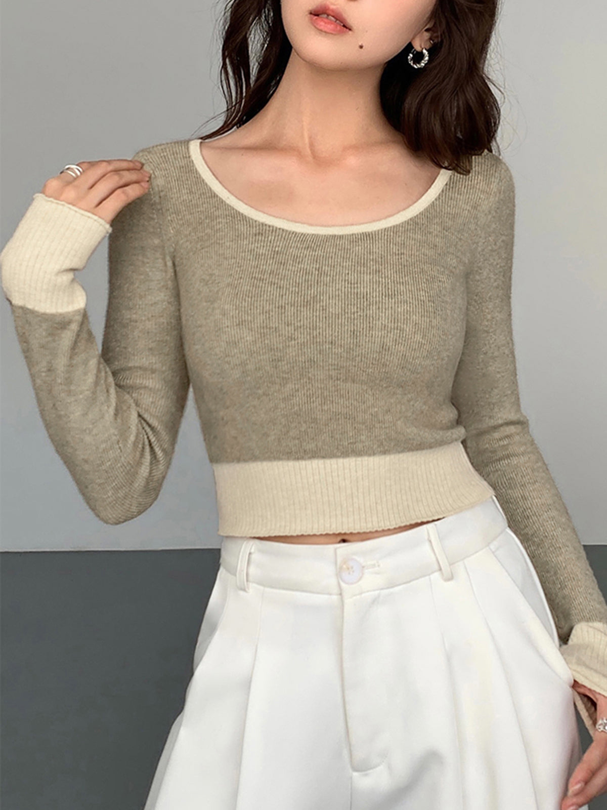 Contrast Trim Scoop Neck Long Sleeve Cropped Ribbed Knit Sweater 3