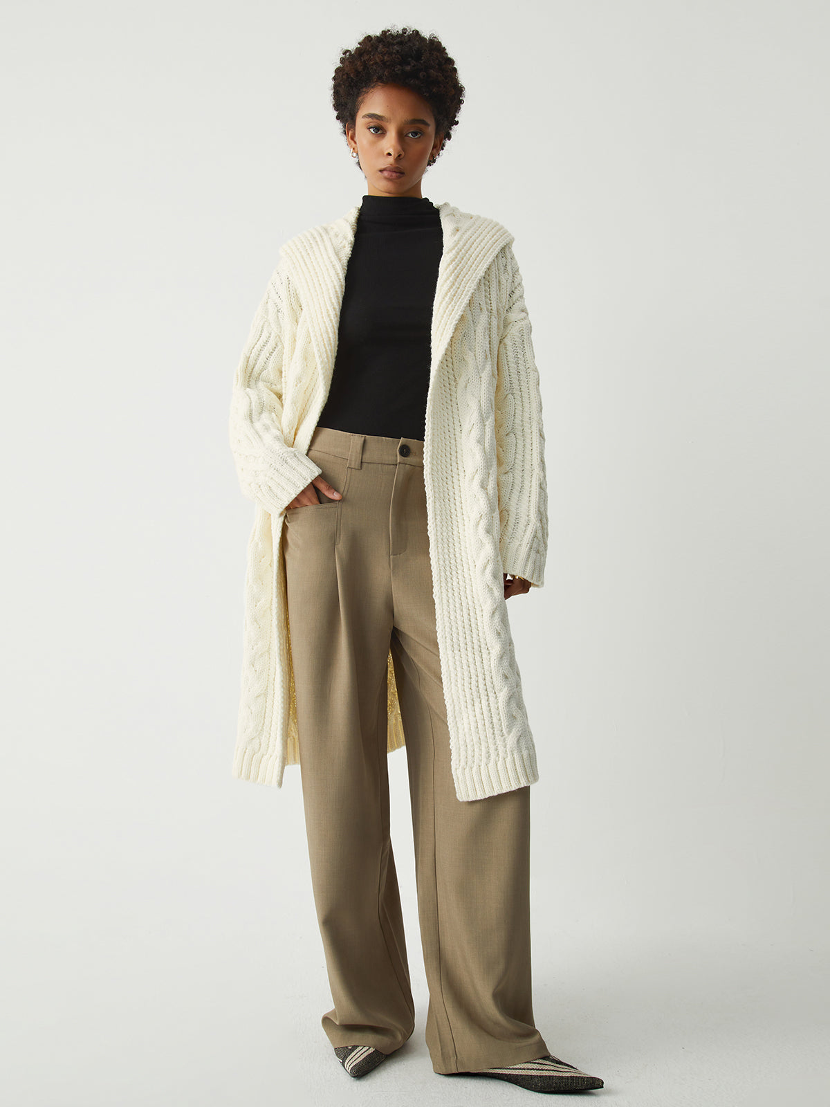 Hooded Cable Knit Open Front Long Sleeve Longline Cardigan 2
