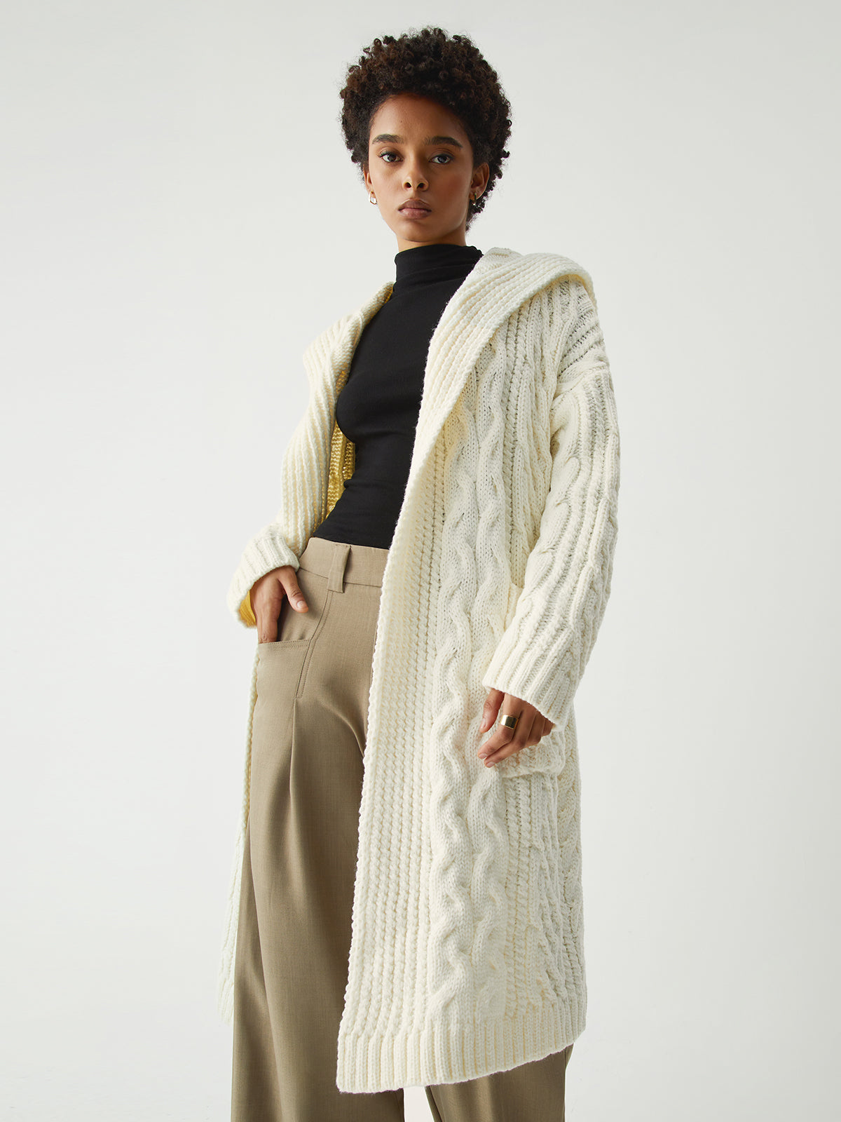 Hooded Cable Knit Open Front Long Sleeve Longline Cardigan 3