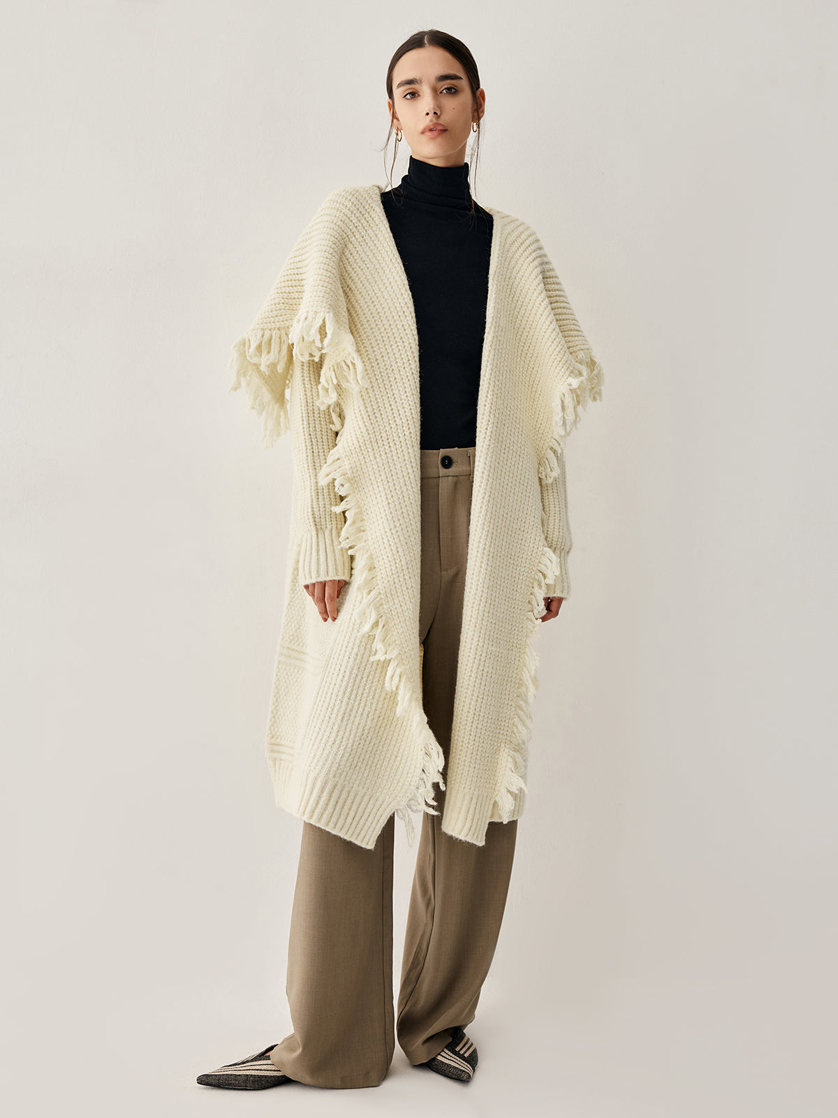 Chunky Knit Fringe Trim Open Front Longline Poncho Cardigan 3