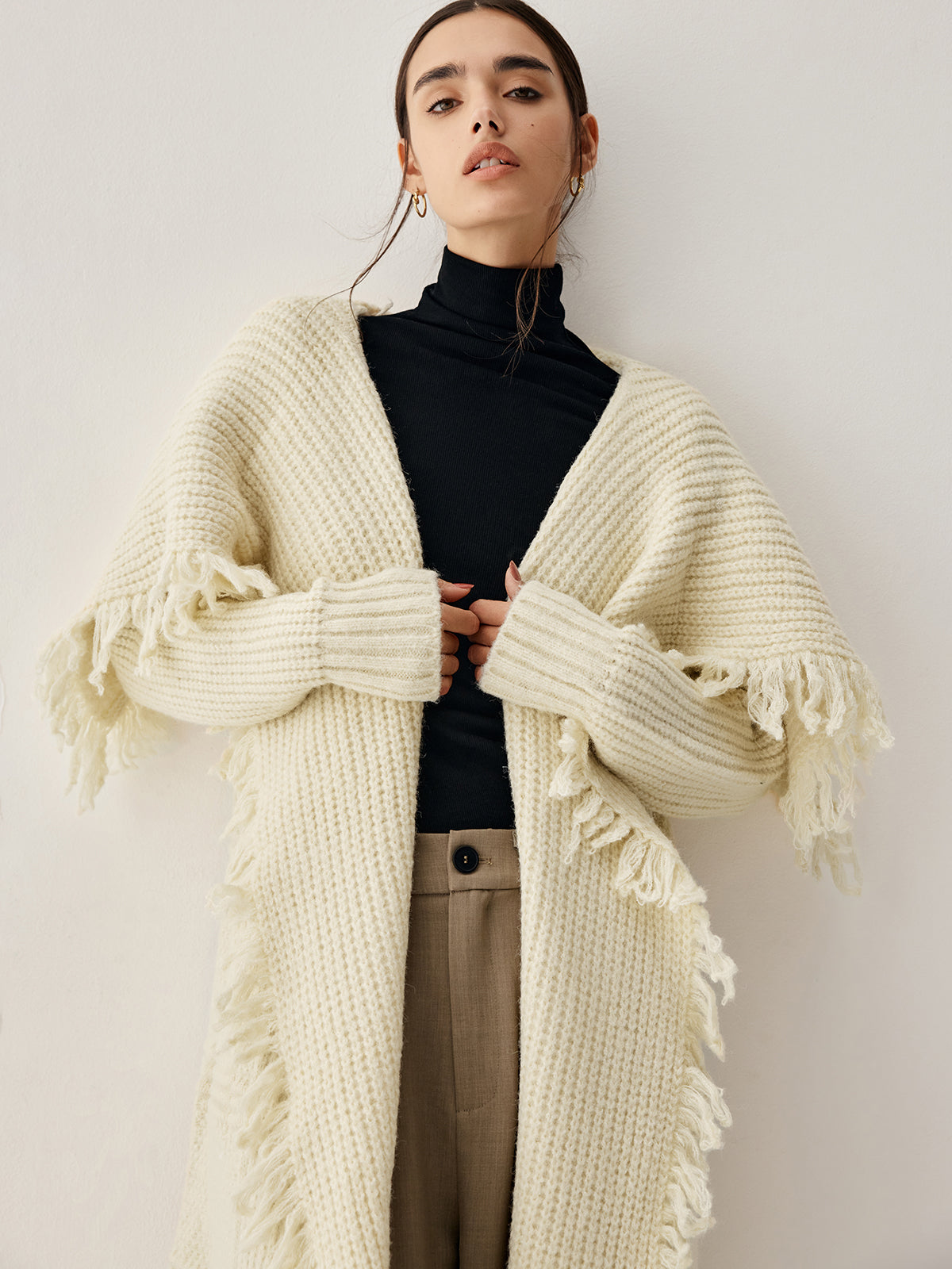 Chunky Knit Fringe Trim Open Front Longline Poncho Cardigan