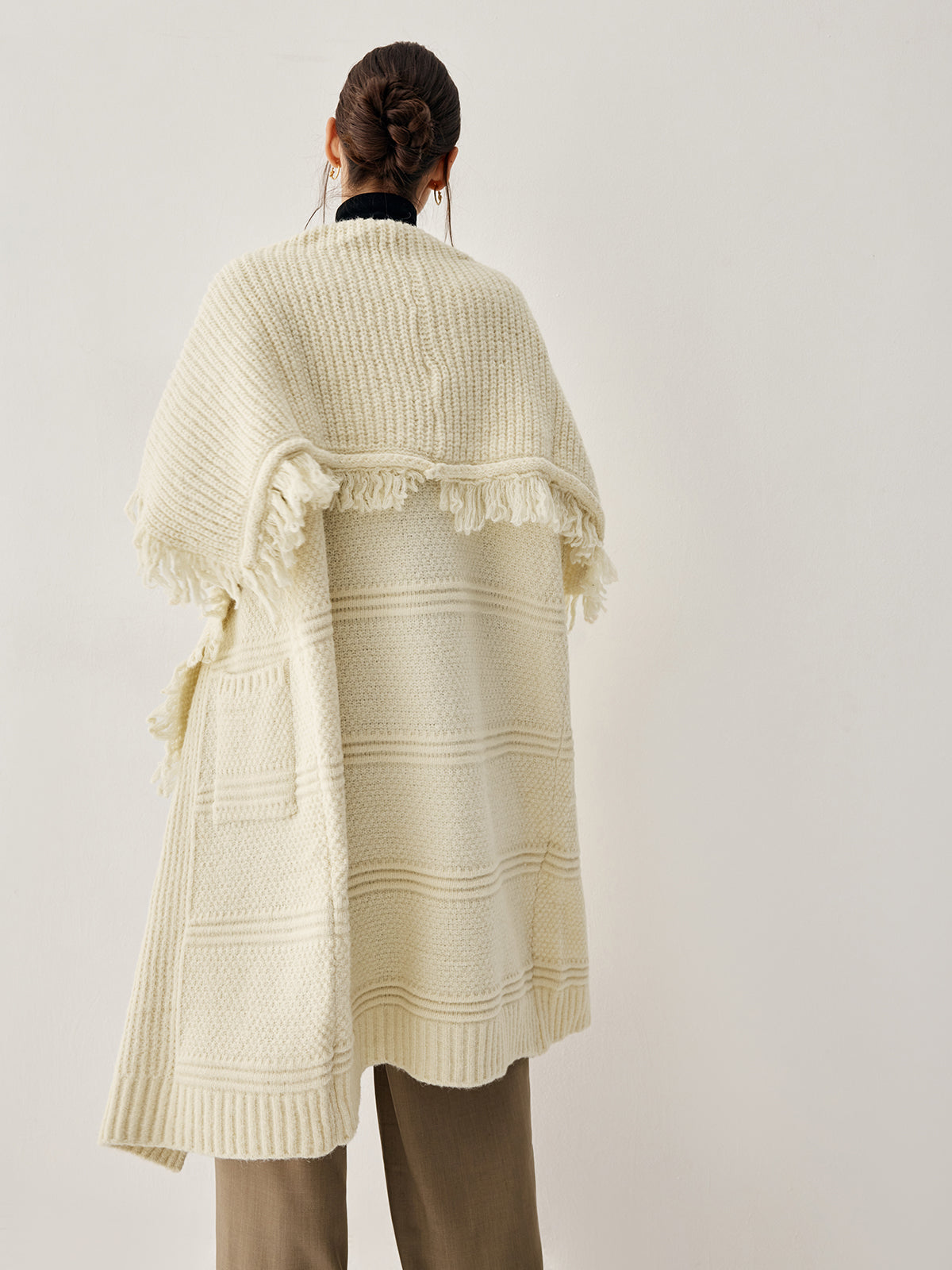 Chunky Knit Fringe Trim Open Front Longline Poncho Cardigan 6