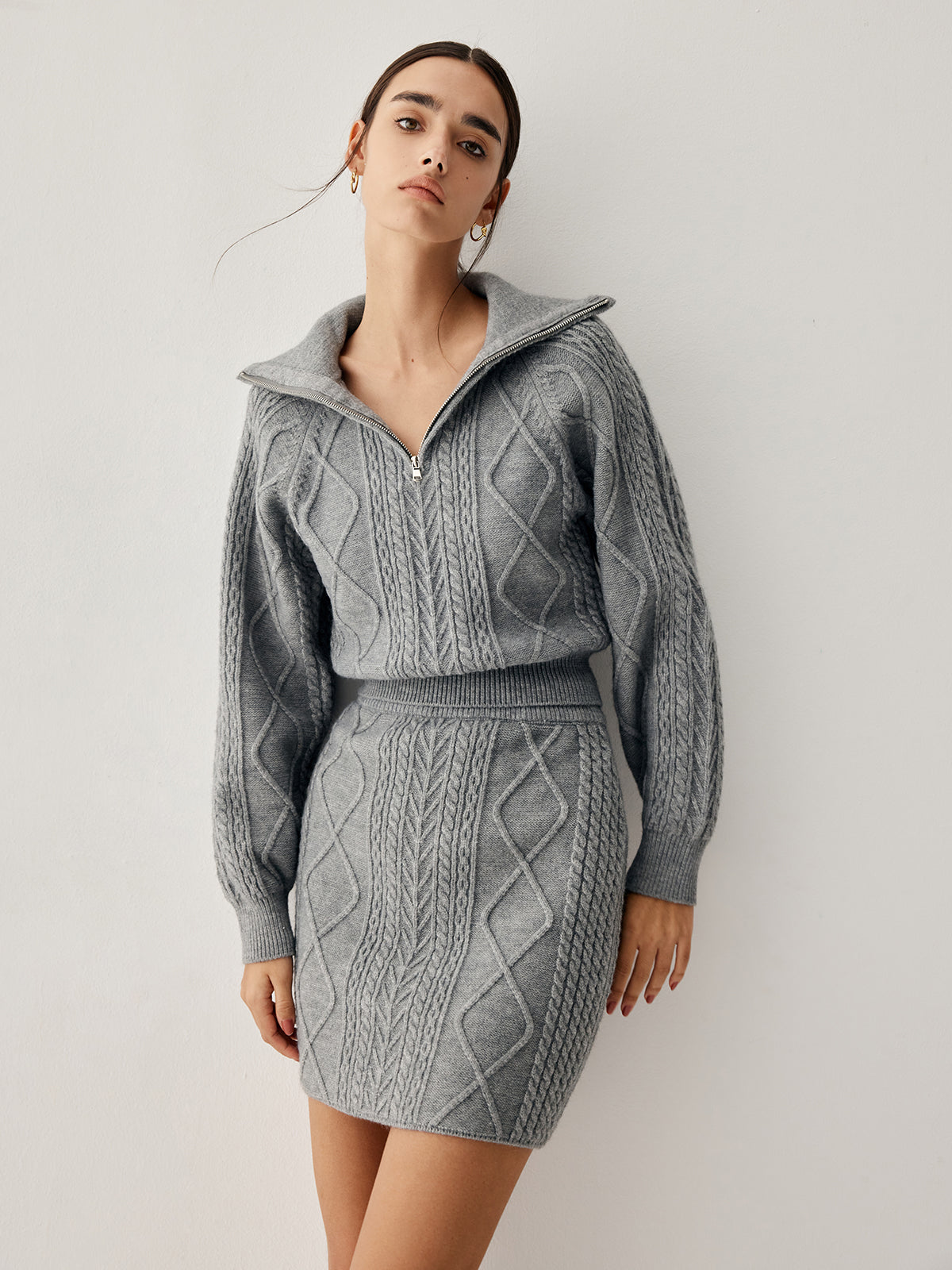 Cable Knit Open Collar Modern Cardigan WIth Matching Skirt