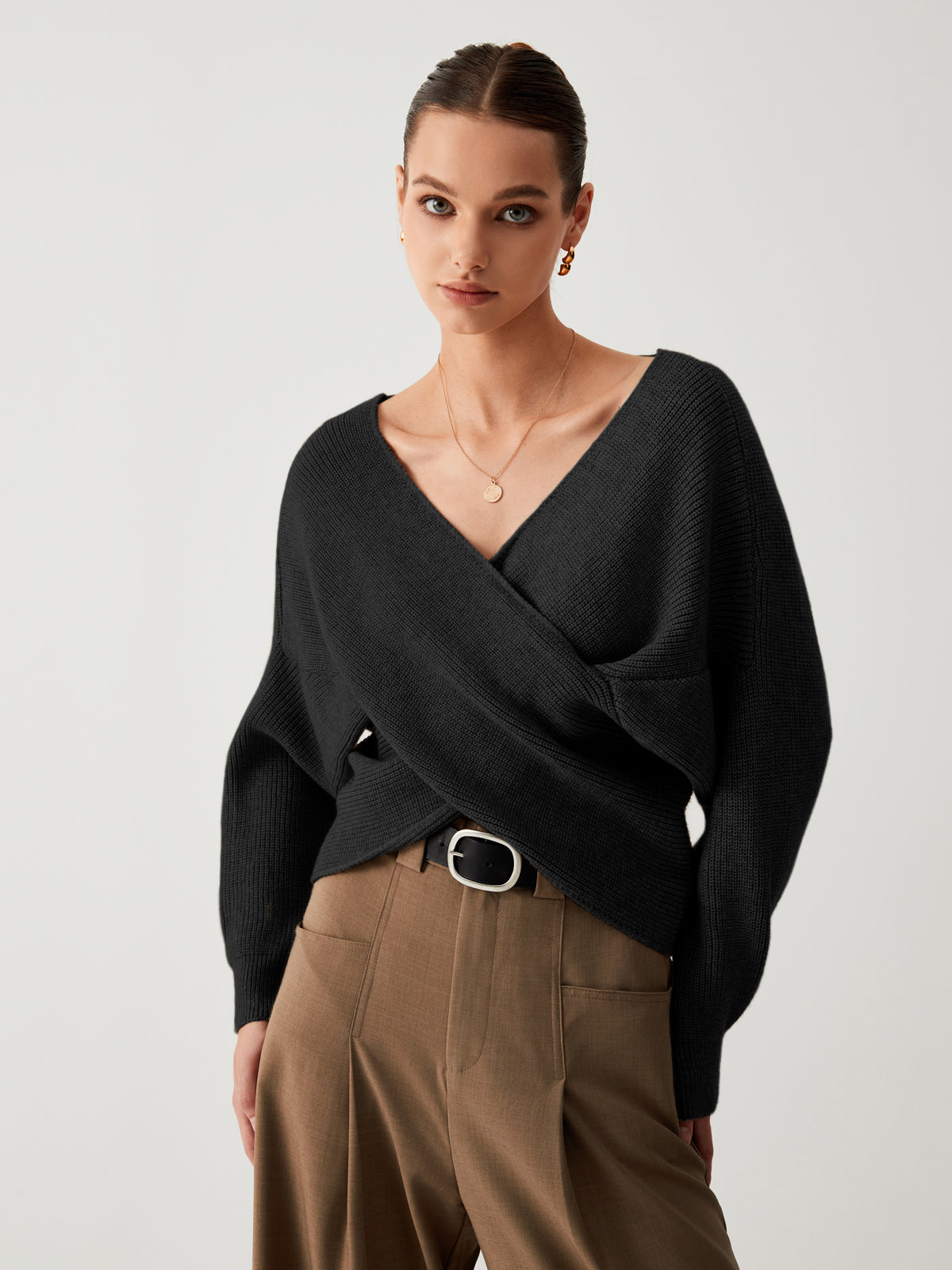 V-Neck Cross Wrap Front Long Sleeve Ribbed Knit Cropped Sweater 24