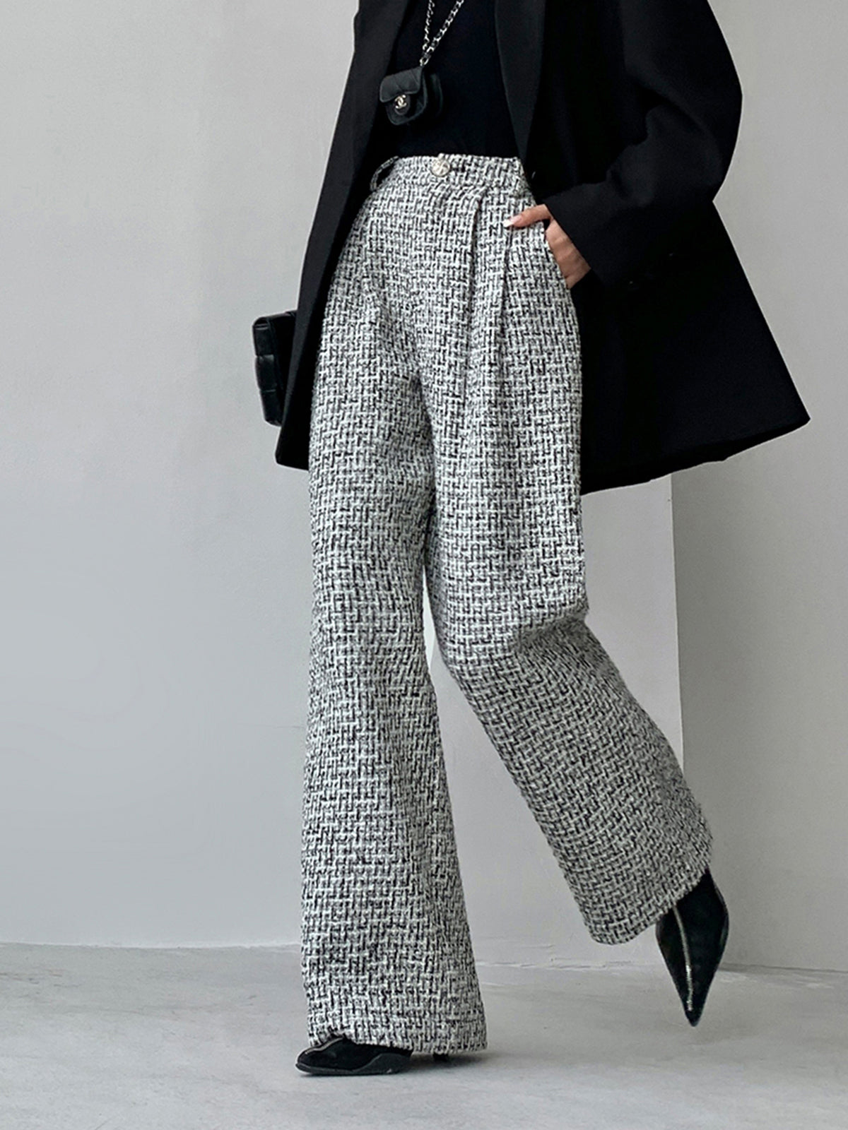 Tweed Houndstooth Wide Leg High Waist Dress Pants - View 3