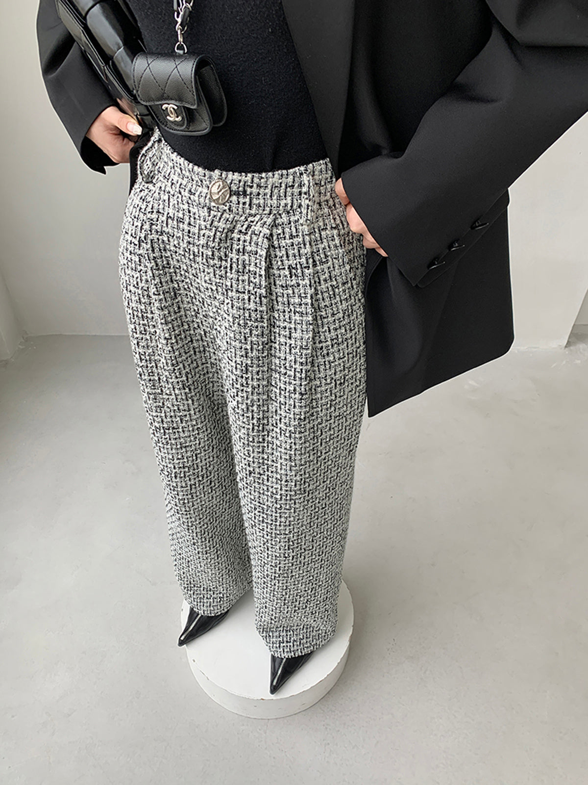 Tweed Houndstooth Wide Leg High Waist Dress Pants