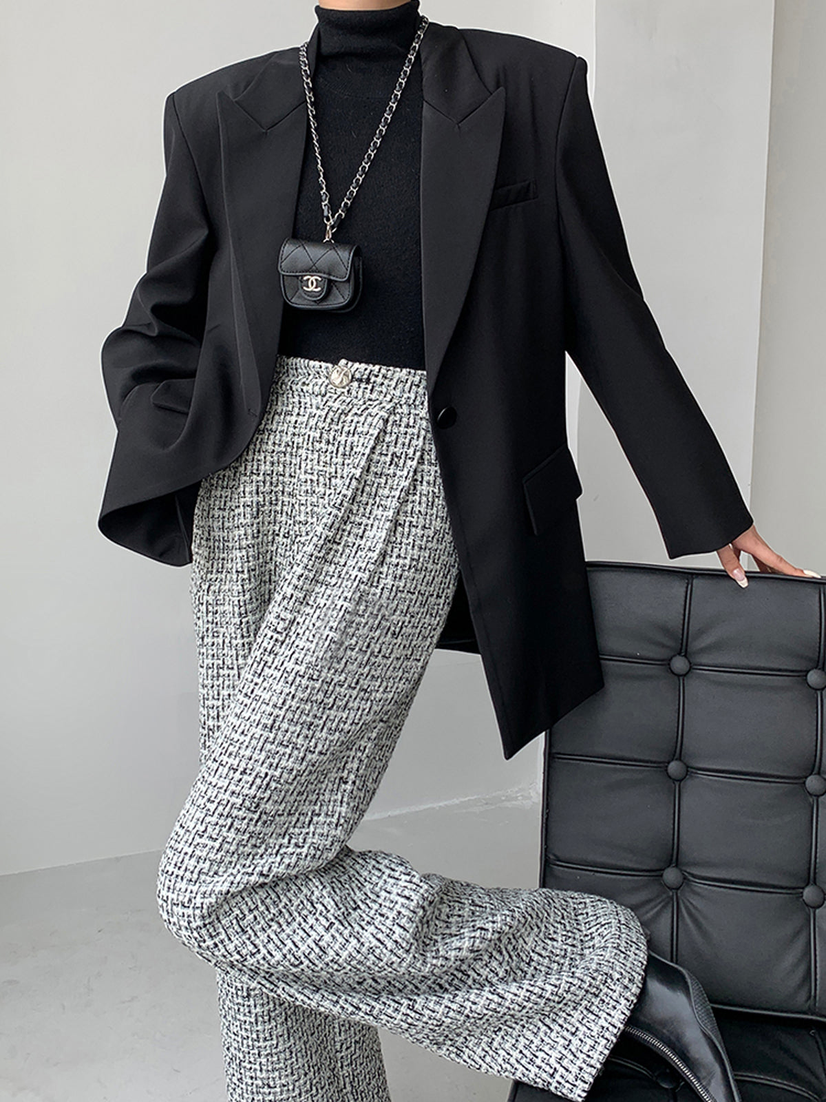 Tweed Houndstooth Wide Leg High Waist Dress Pants