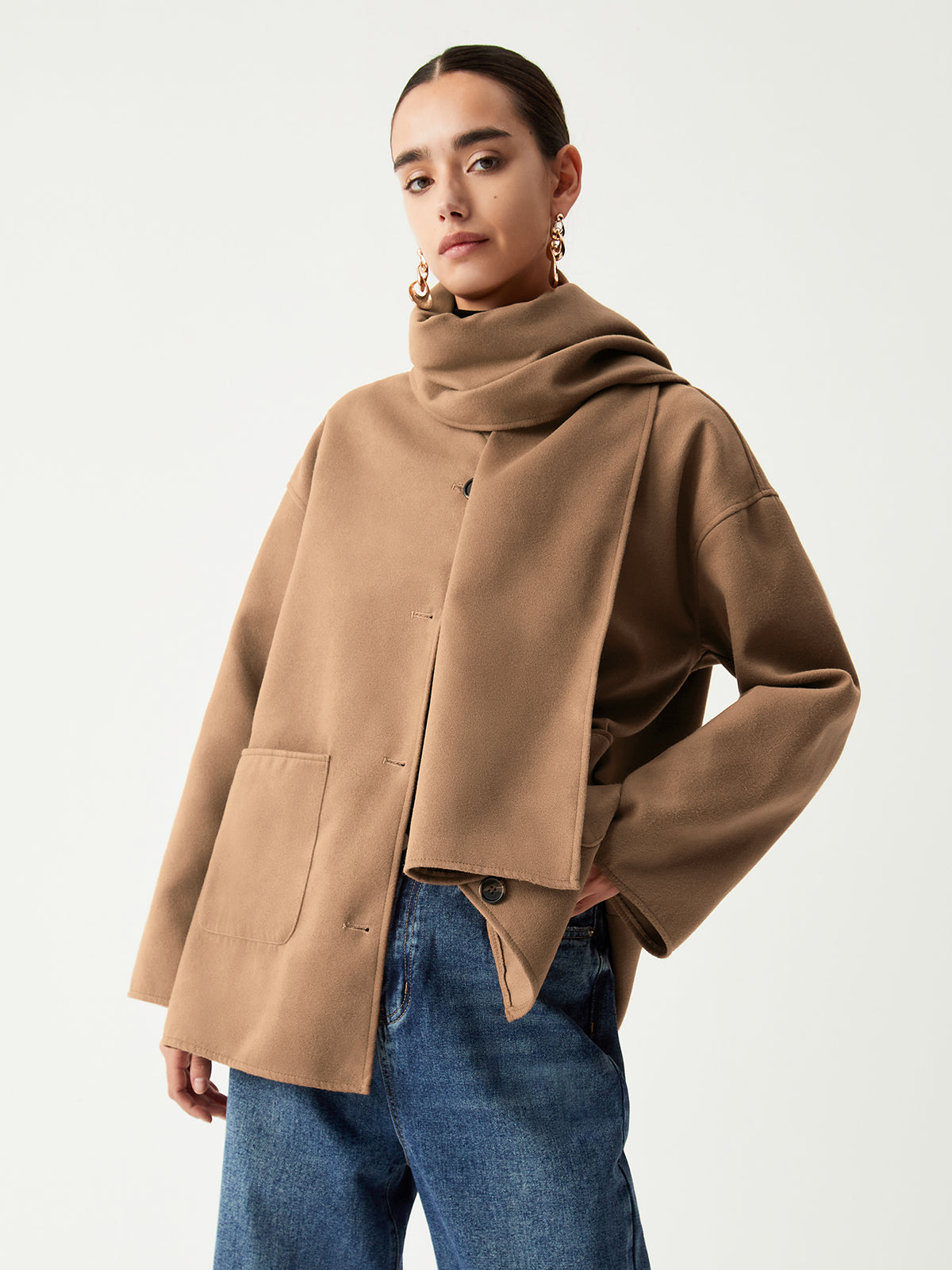 Button Front Patch Pocket Drop Shoulder Jacket with Scarf