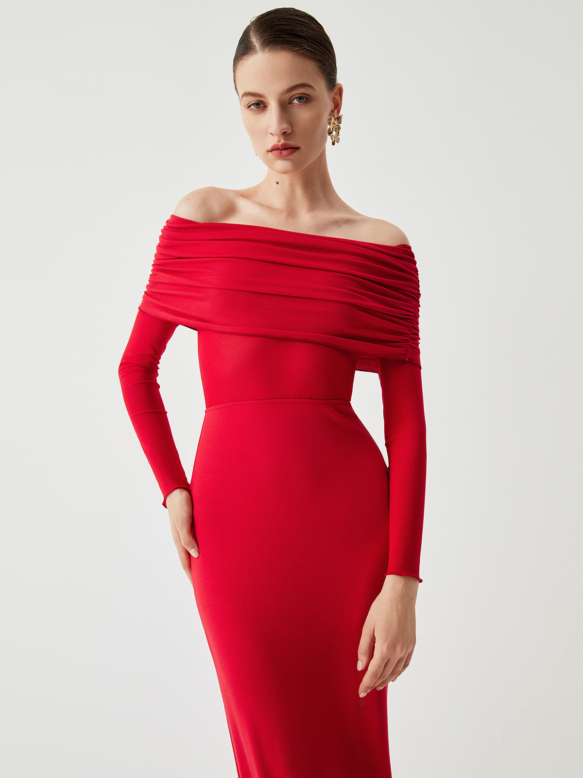 Overfold Off-Shoulder Mesh Long Sleeve Long Dress 5