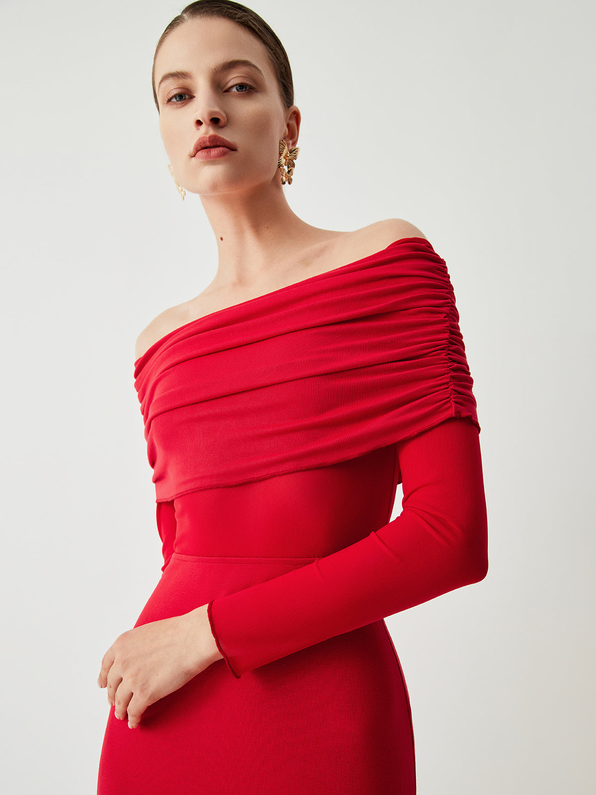 Overfold Off-Shoulder Mesh Long Sleeve Long Dress 6